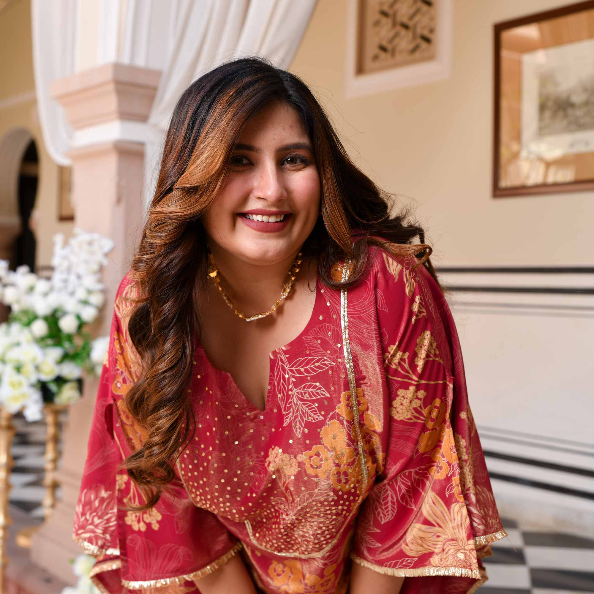 Timeless Tulips Floral Muslin Hand Embroidered Kaftan Plus Size Co-ord Set