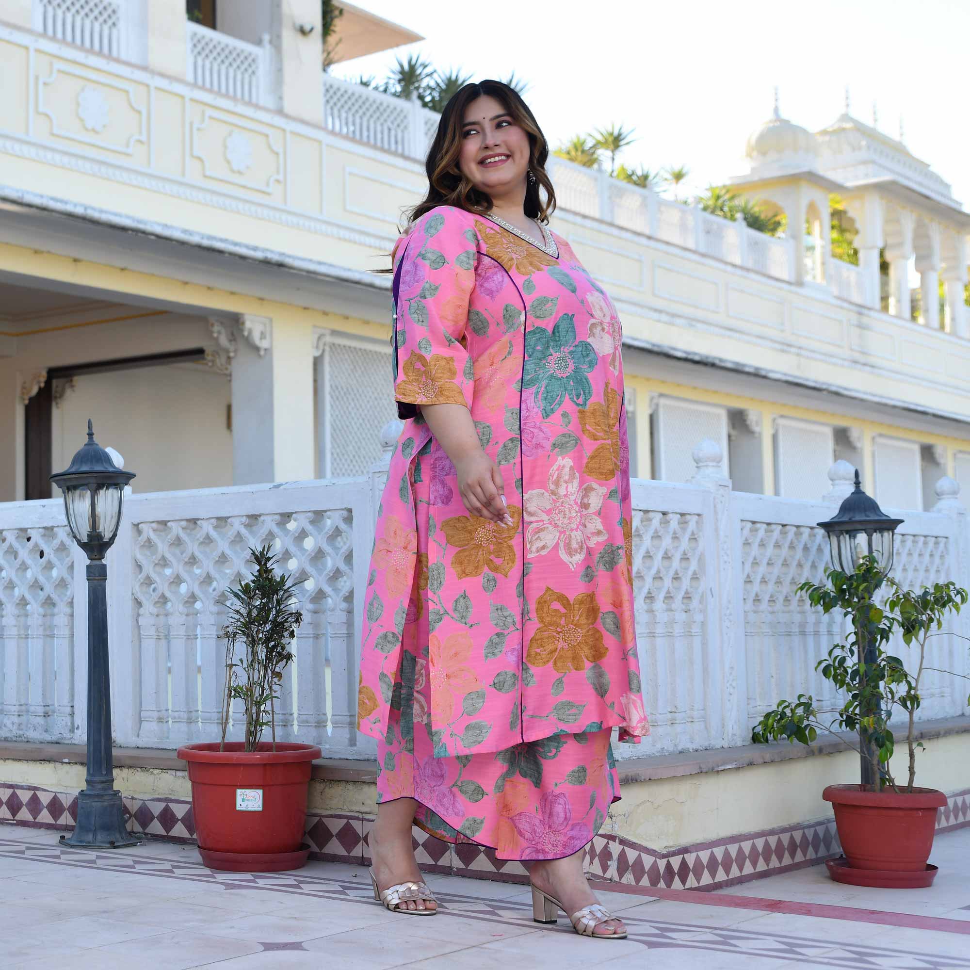 Carnation- Blush Pink Floral Modal Viscose Blend Kurta with Asymmetrical Pants