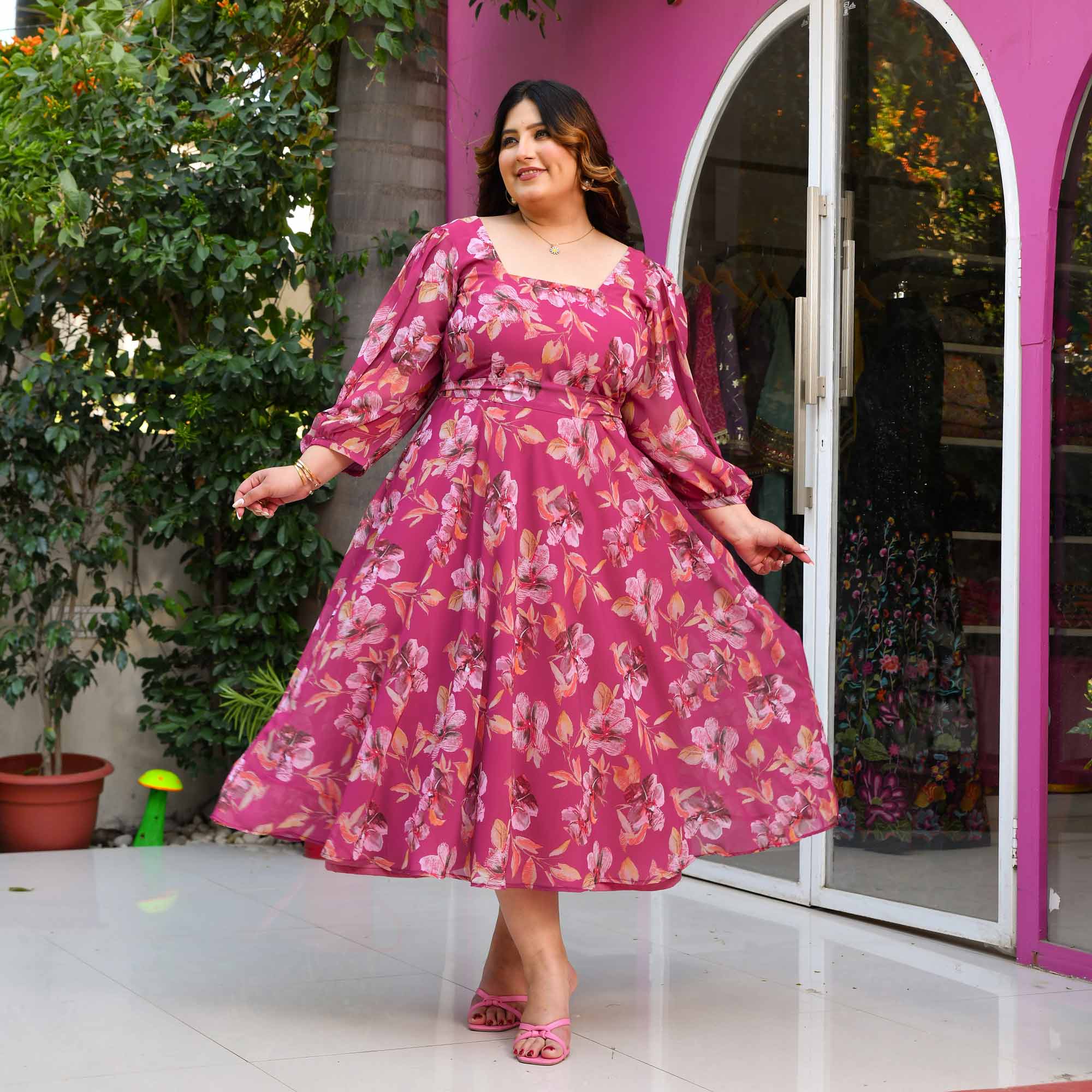 Pink Floral Georgette Sleeveless Mini Dress
