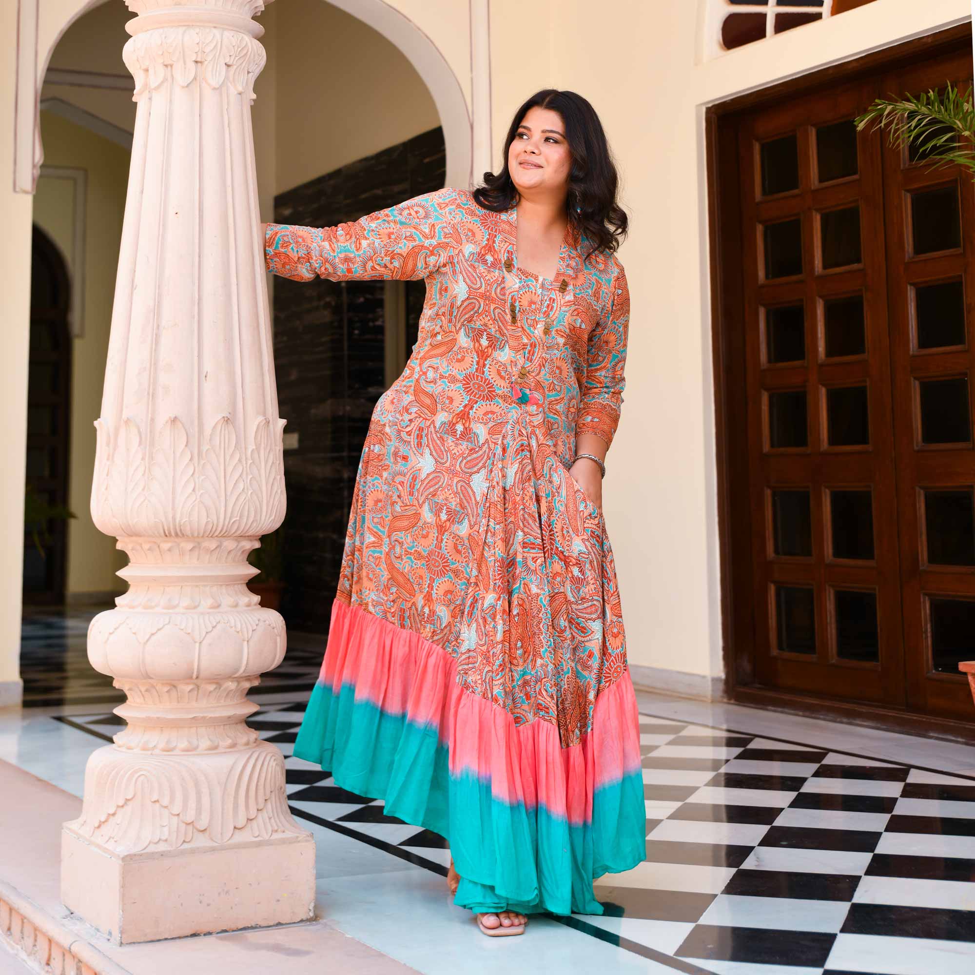 Peachy Swril Rayon Tie-Dye Dress