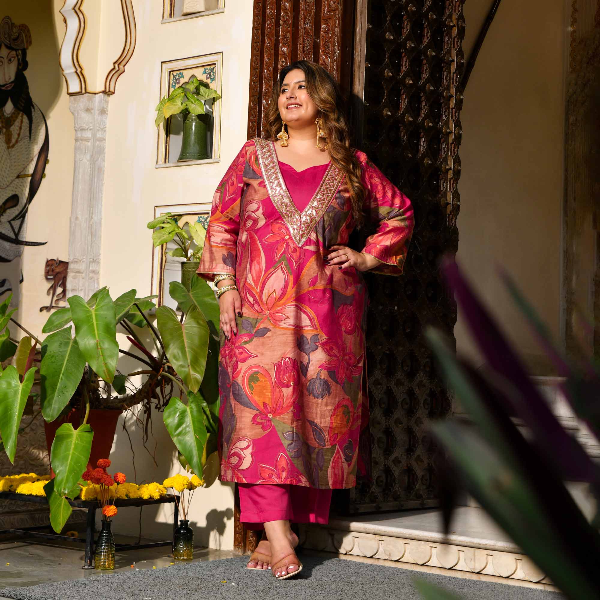 Toran- Dark Pink Abstract Print Modal Cape Set