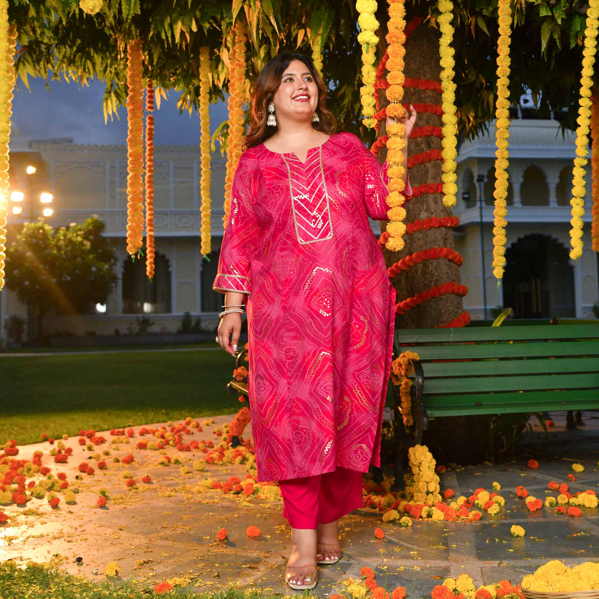Rani Haar- Red & Rani Pink Bandhani Princess Line Kurta