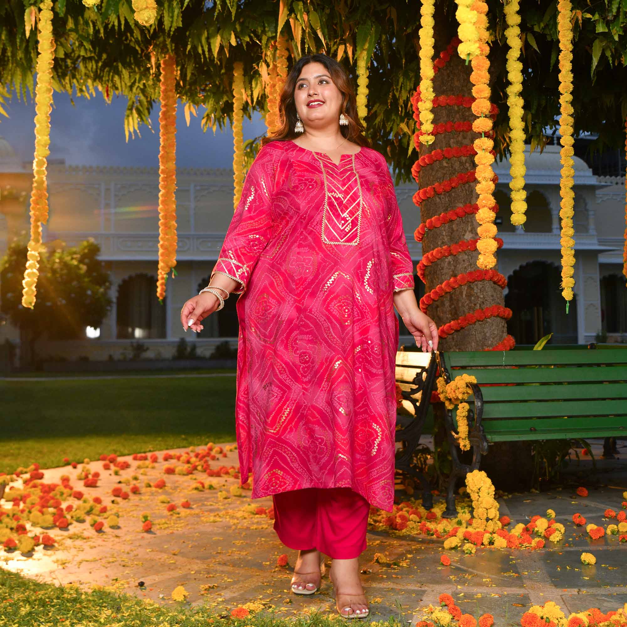 Rani Haar- Red & Rani Pink Bandhani Princess Line Kurta