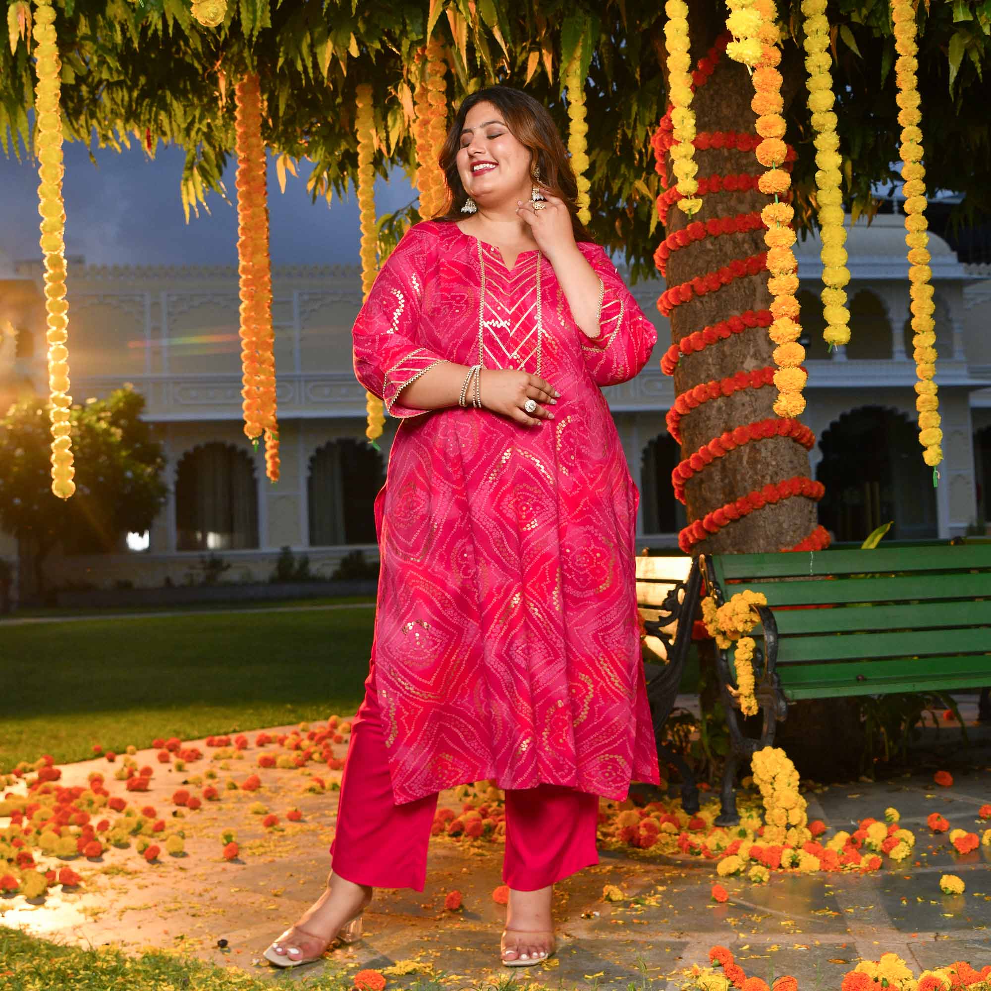 Rani Haar- Red & Rani Pink Bandhani Princess Line Kurta