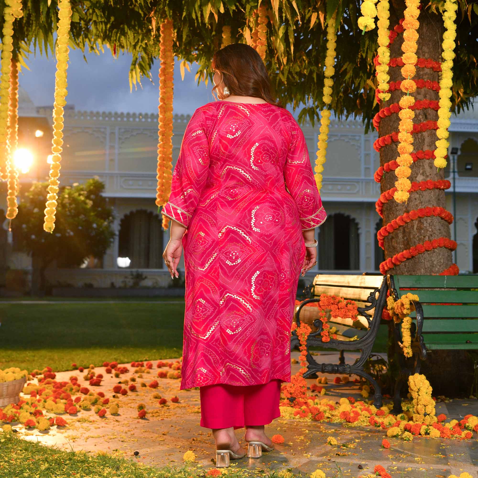Rani Haar- Red & Rani Pink Bandhani Princess Line Kurta