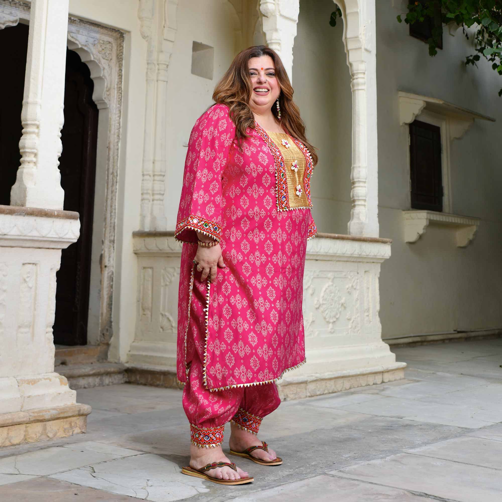 Merry- Rani Pink Modal Embroidered Bohemian Kurta Pants Set
