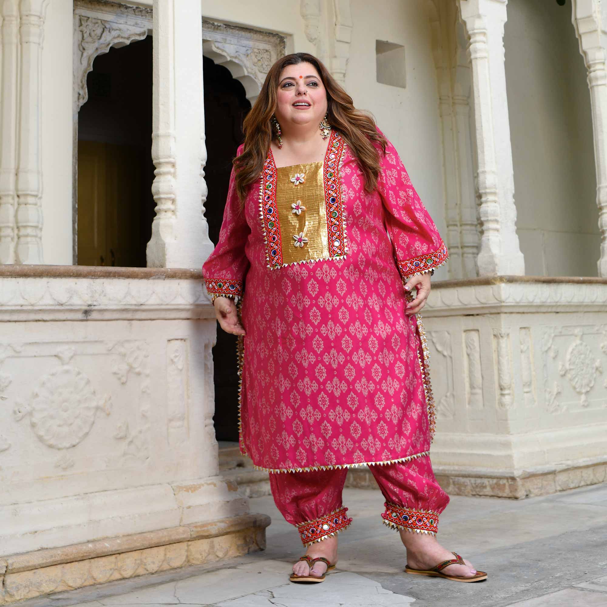 Merry- Rani Pink Modal Embroidered Bohemian Kurta Pants Set
