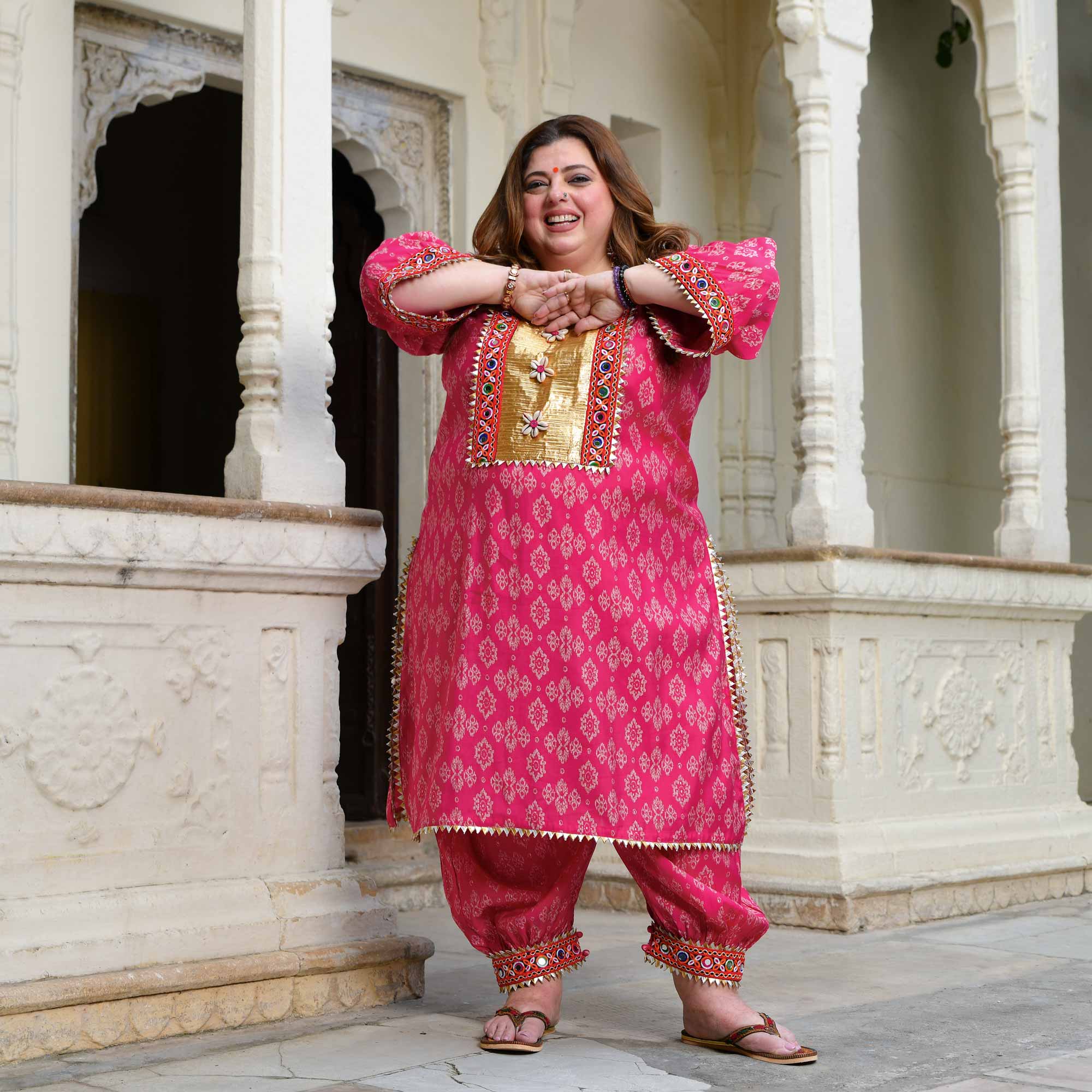 Merry- Rani Pink Modal Embroidered Bohemian Kurta Pants Set