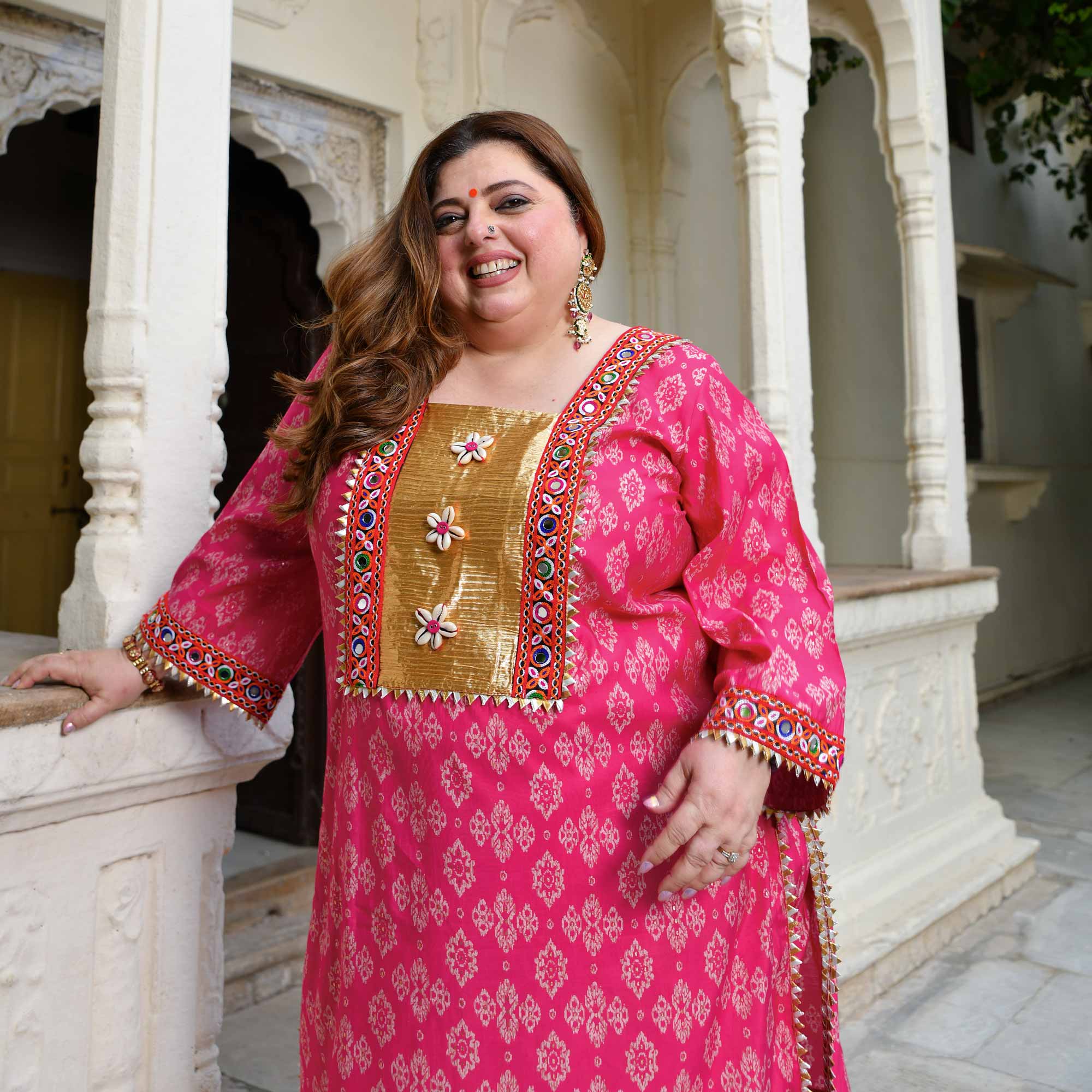 Merry- Rani Pink Modal Embroidered Bohemian Kurta Pants Set