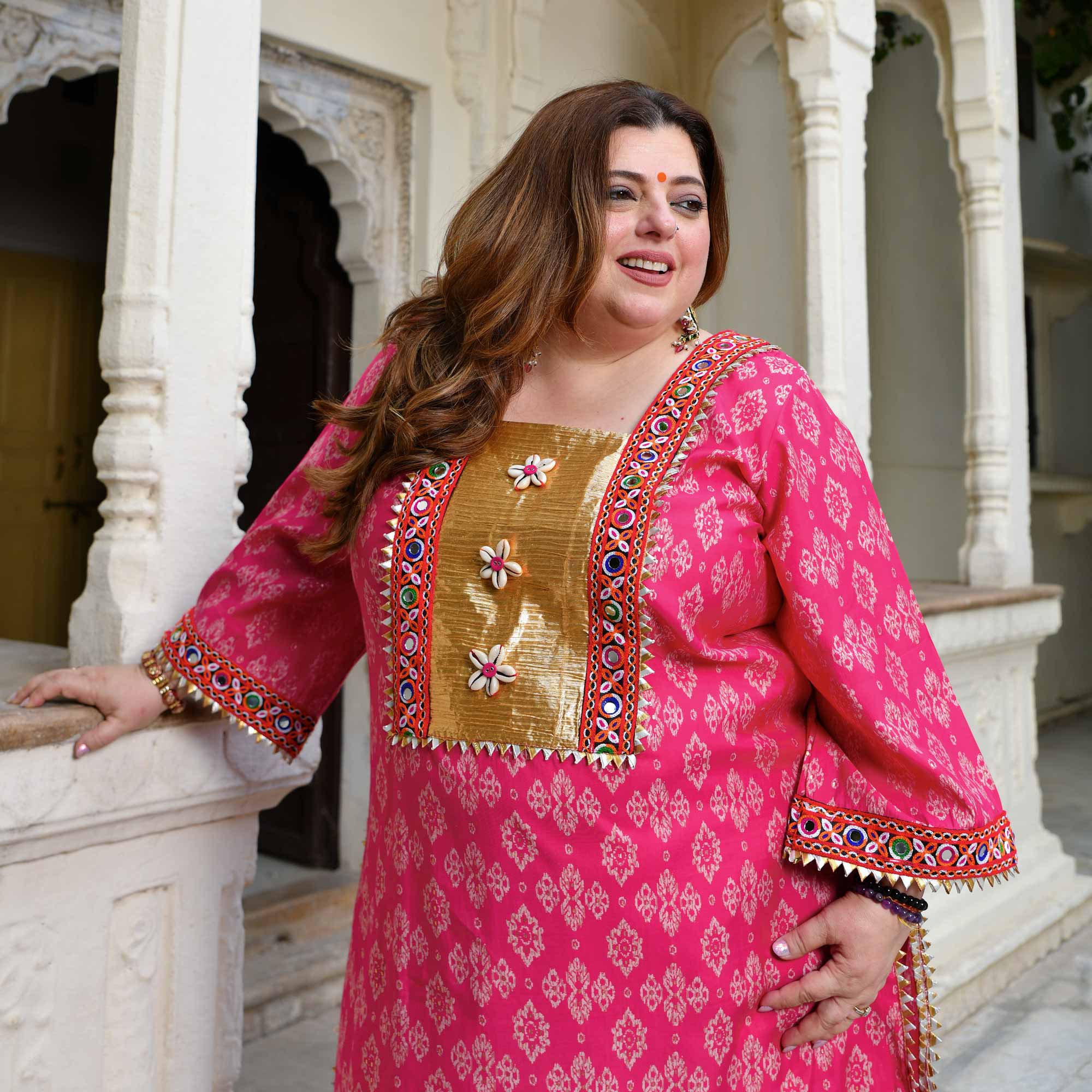 Merry- Rani Pink Modal Embroidered Bohemian Kurta Pants Set