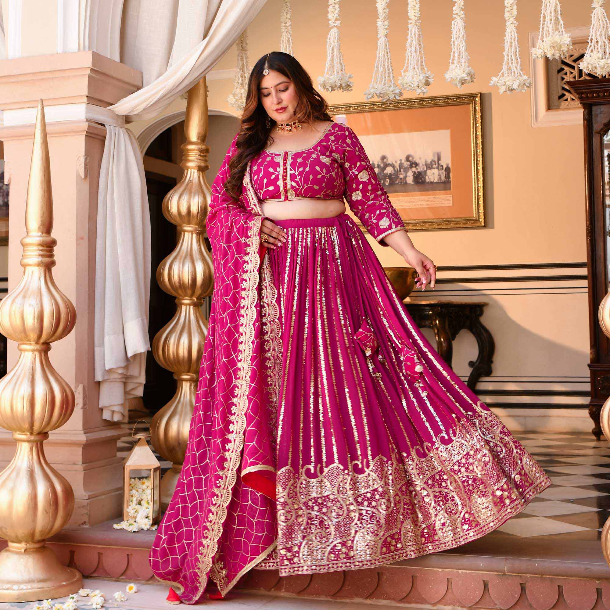 Rani Sa - Deep Magenta Pink Sequin Embroidered Pure Georgette Lehenga Set | The Plus Size Store