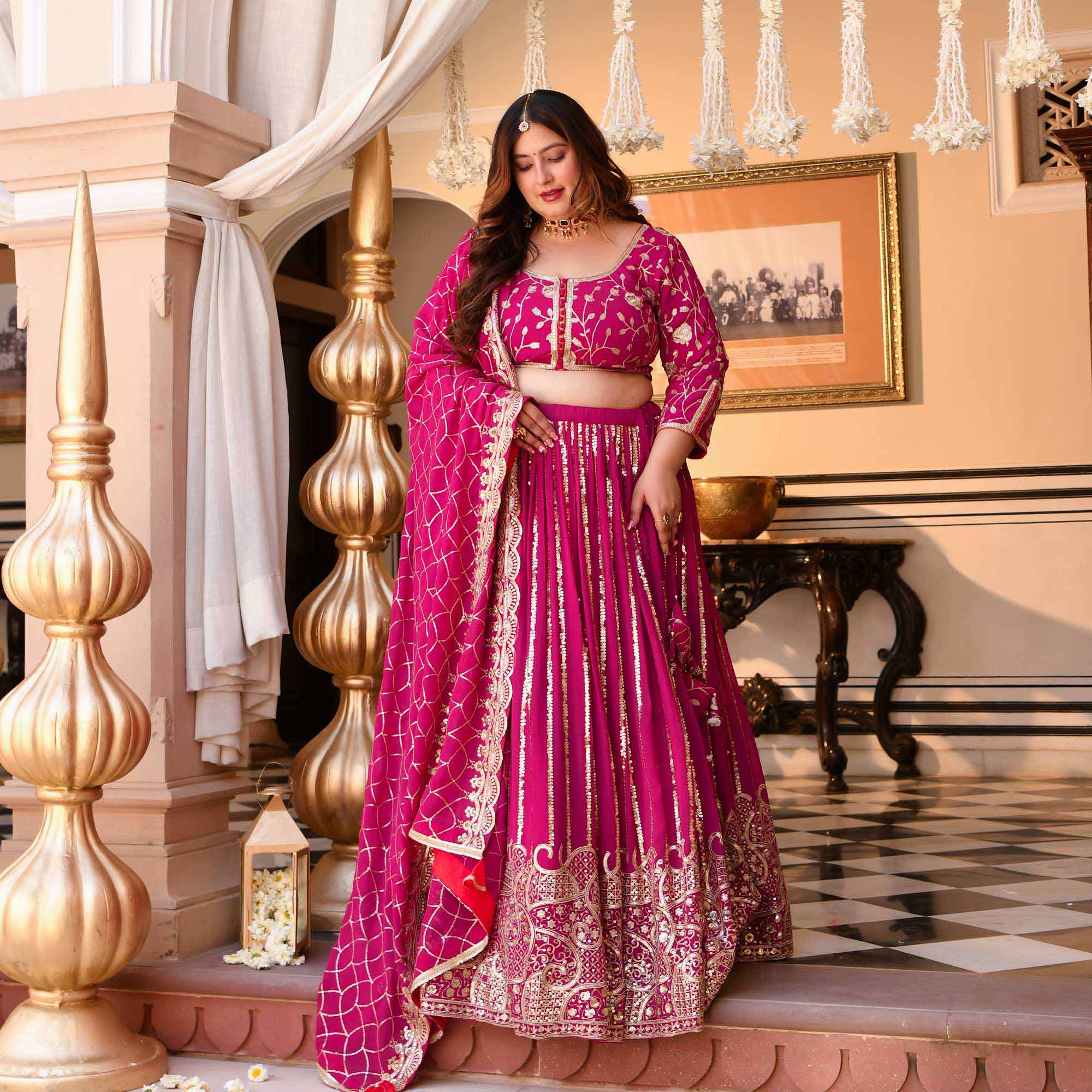Rani Sa - Deep Magenta Pink Sequin Embroidered Pure Georgette Lehenga Set | The Plus Size Store