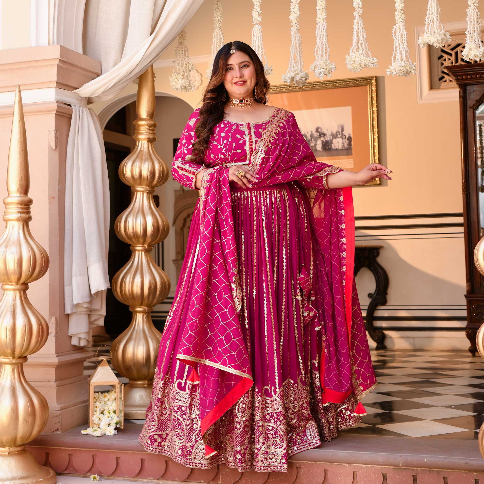 Rani Sa - Deep Magenta Pink Sequin Embroidered Pure Georgette Lehenga Set | The Plus Size Store