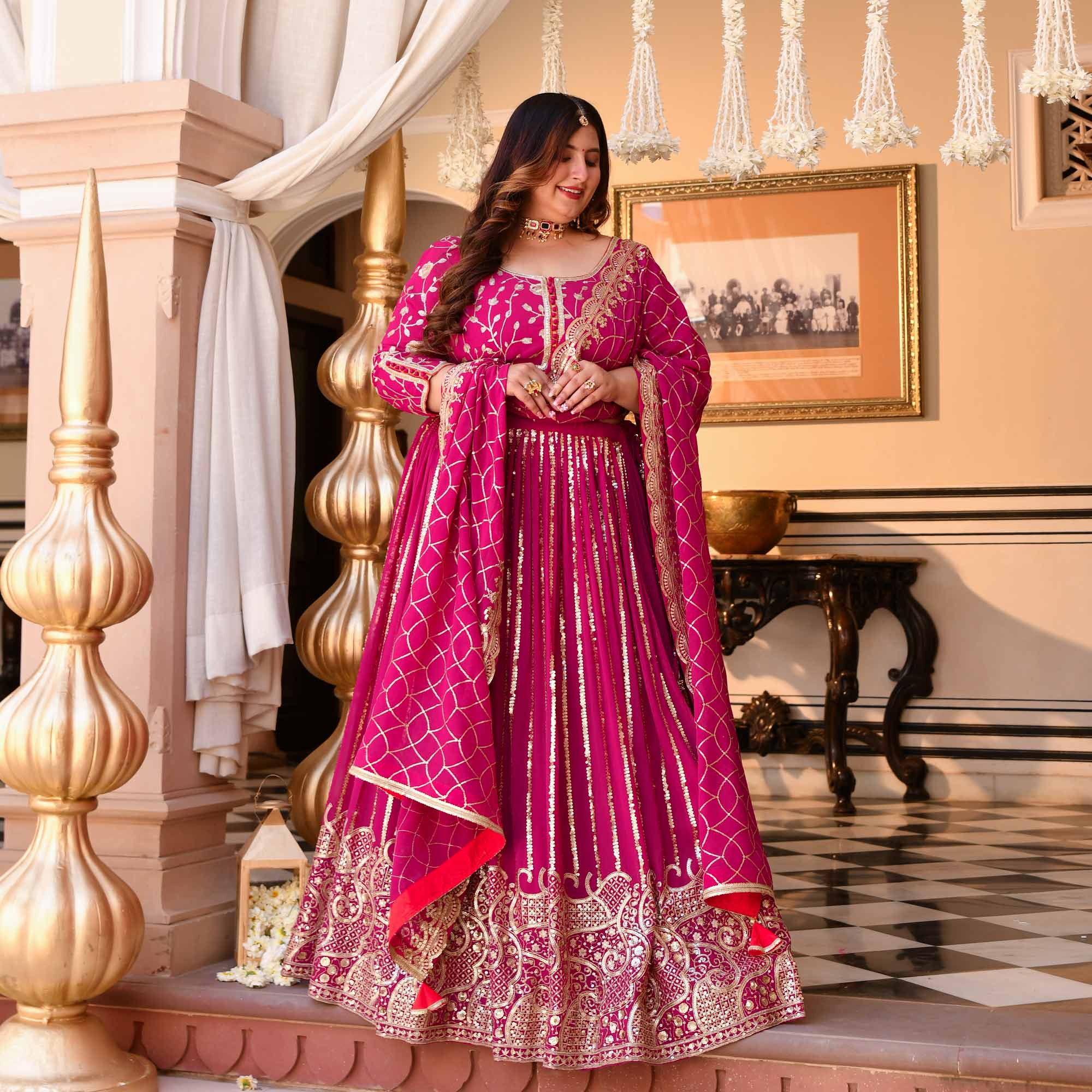 Rani Sa - Deep Magenta Pink Sequin Embroidered Pure Georgette Lehenga Set | The Plus Size Store