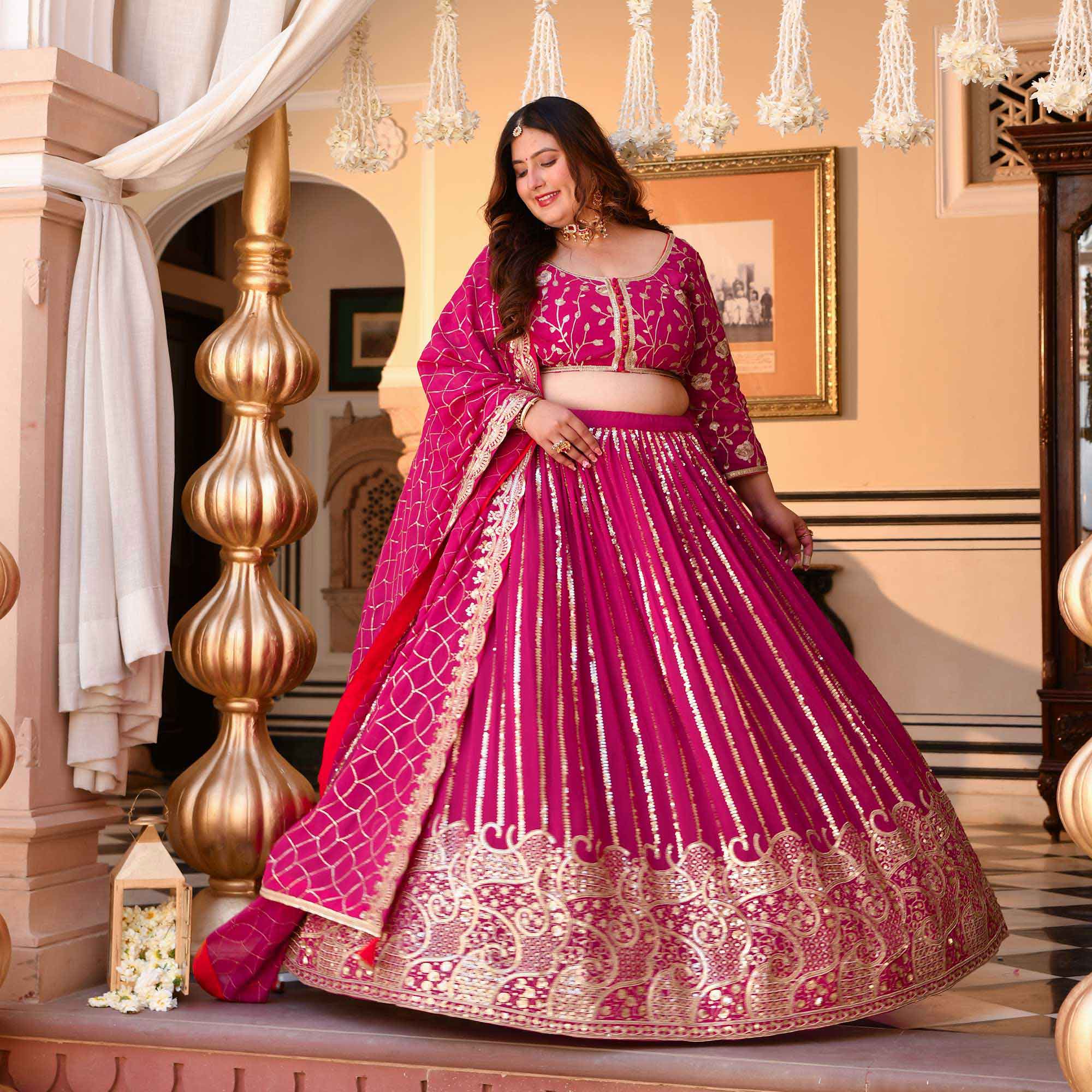 Rani Sa - Deep Magenta Pink Sequin Embroidered Pure Georgette Lehenga Set | The Plus Size Store