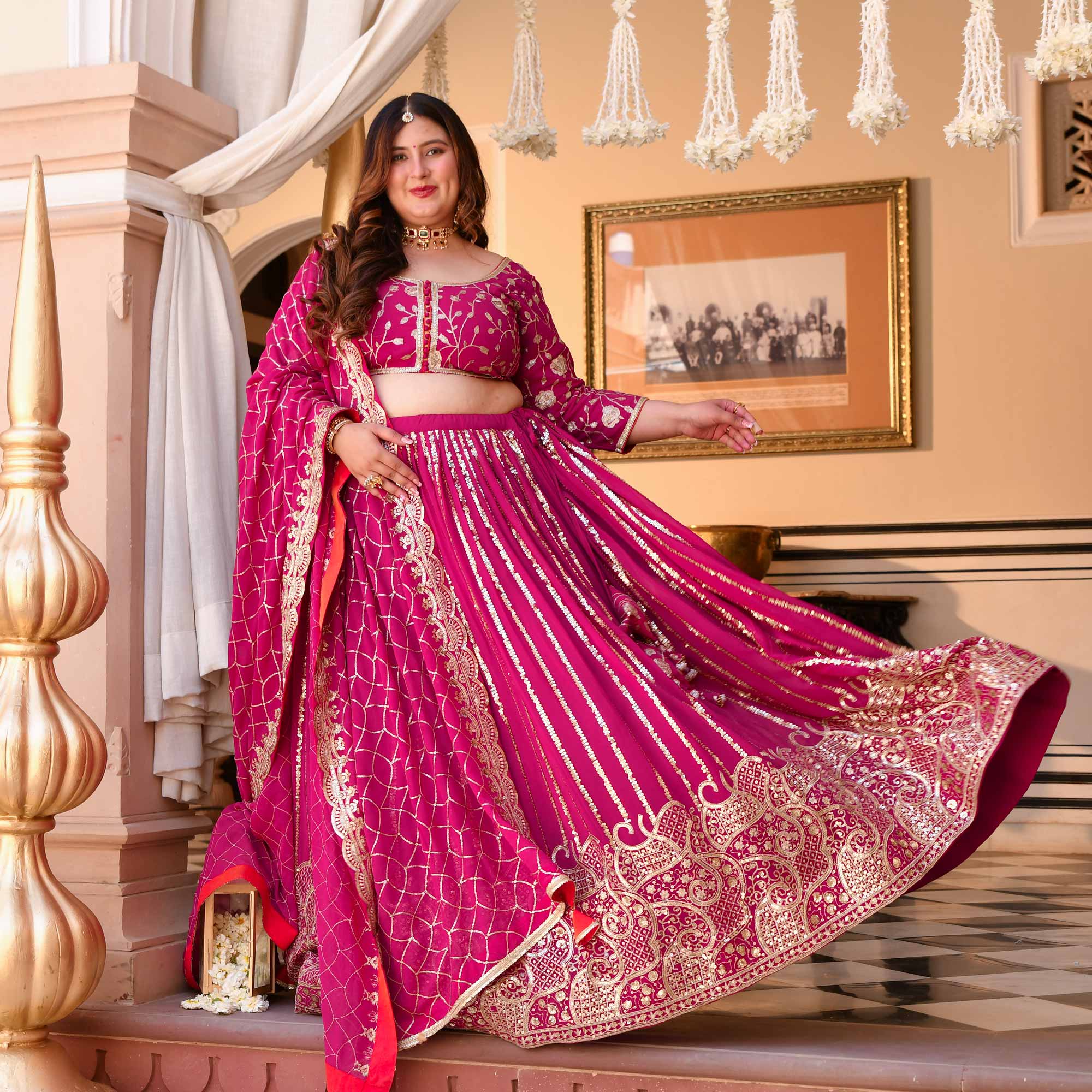 Rani Sa - Deep Magenta Pink Sequin Embroidered Pure Georgette Lehenga Set | The Plus Size Store