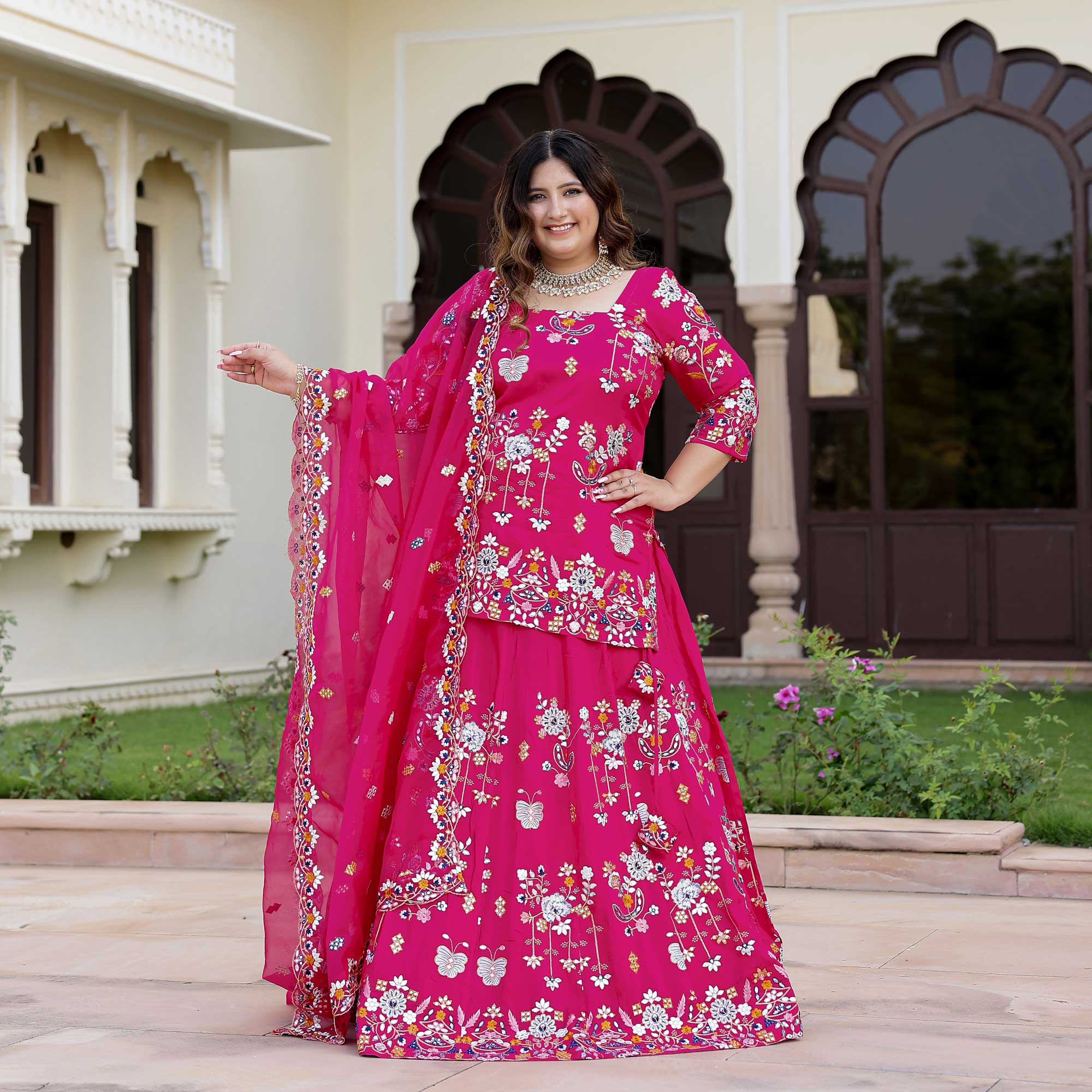 Magnetic Magenta Floral Embroidered Lehenga Set