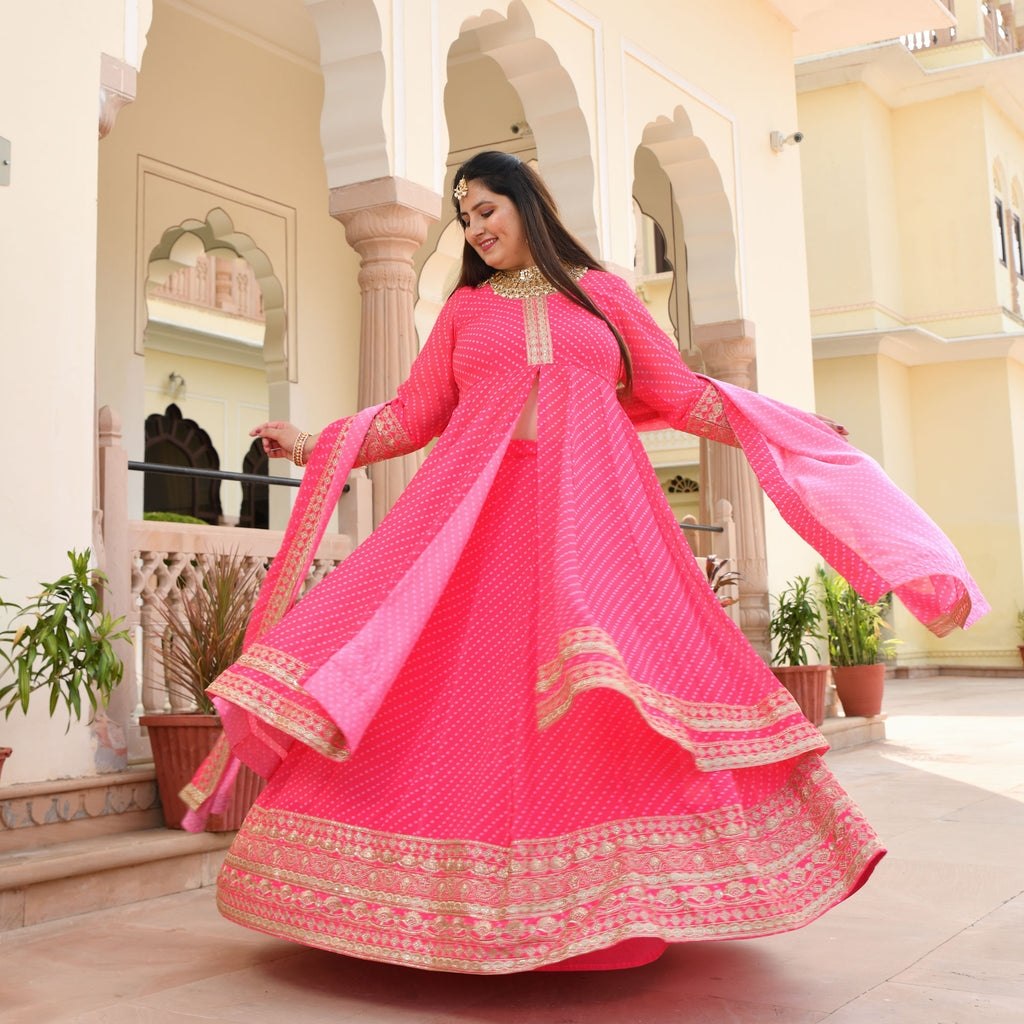 Gulaab Ki Bahar Leheriya Georgette Anarkali Lehenga Set Plus