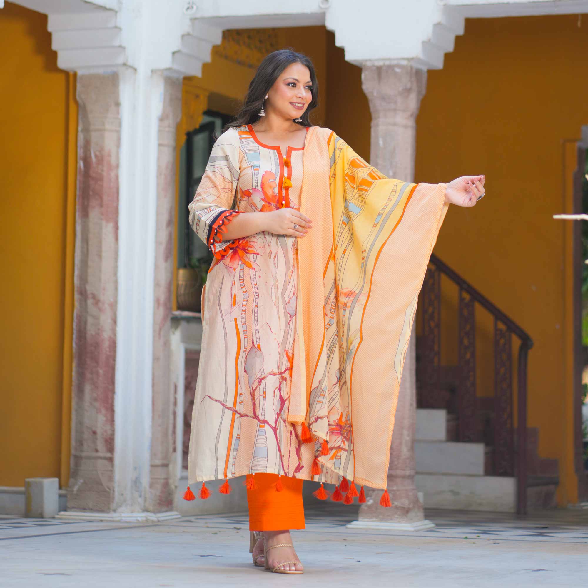 Saffron Sunset Summer Story Cotton Suit Set