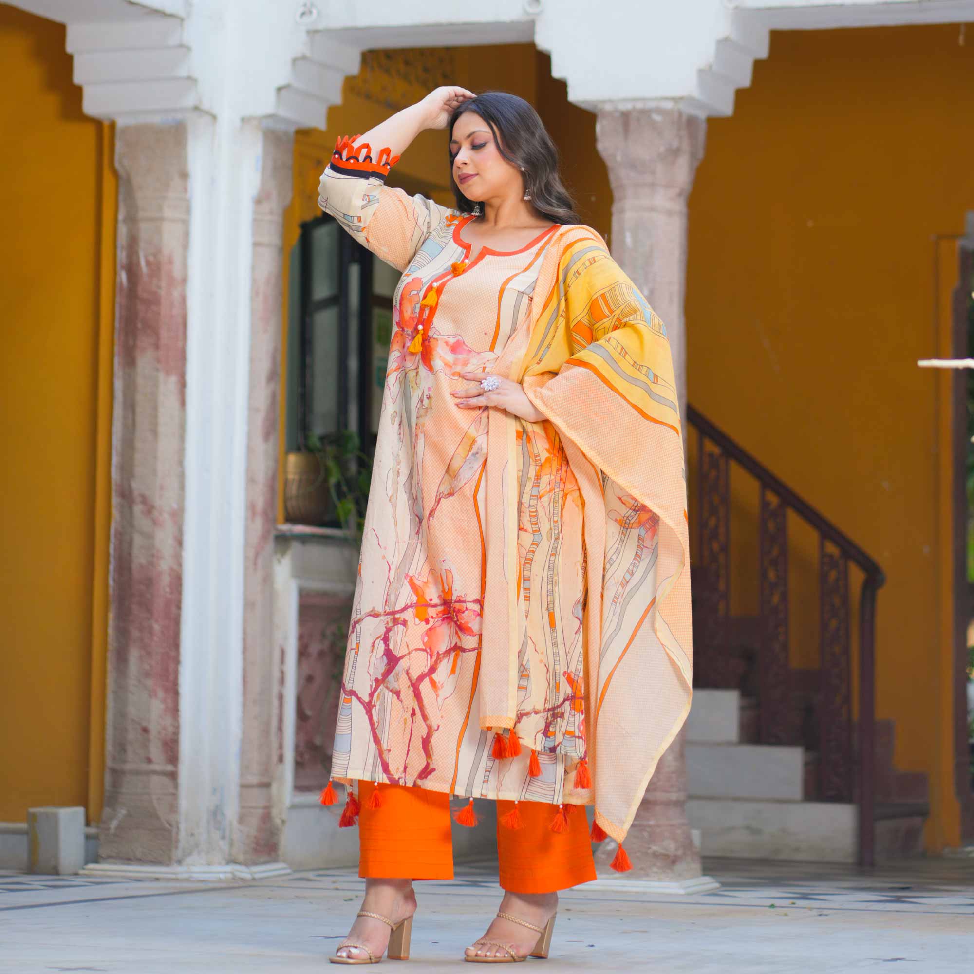 Saffron Sunset Summer Story Cotton Suit Set