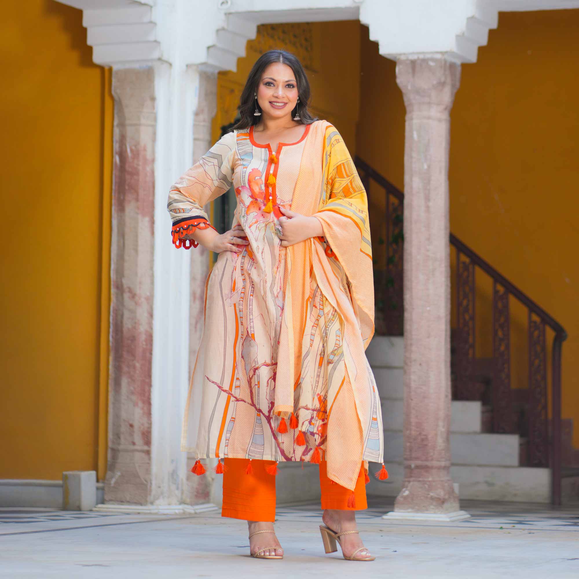 Saffron Sunset Summer Story Cotton Suit Set