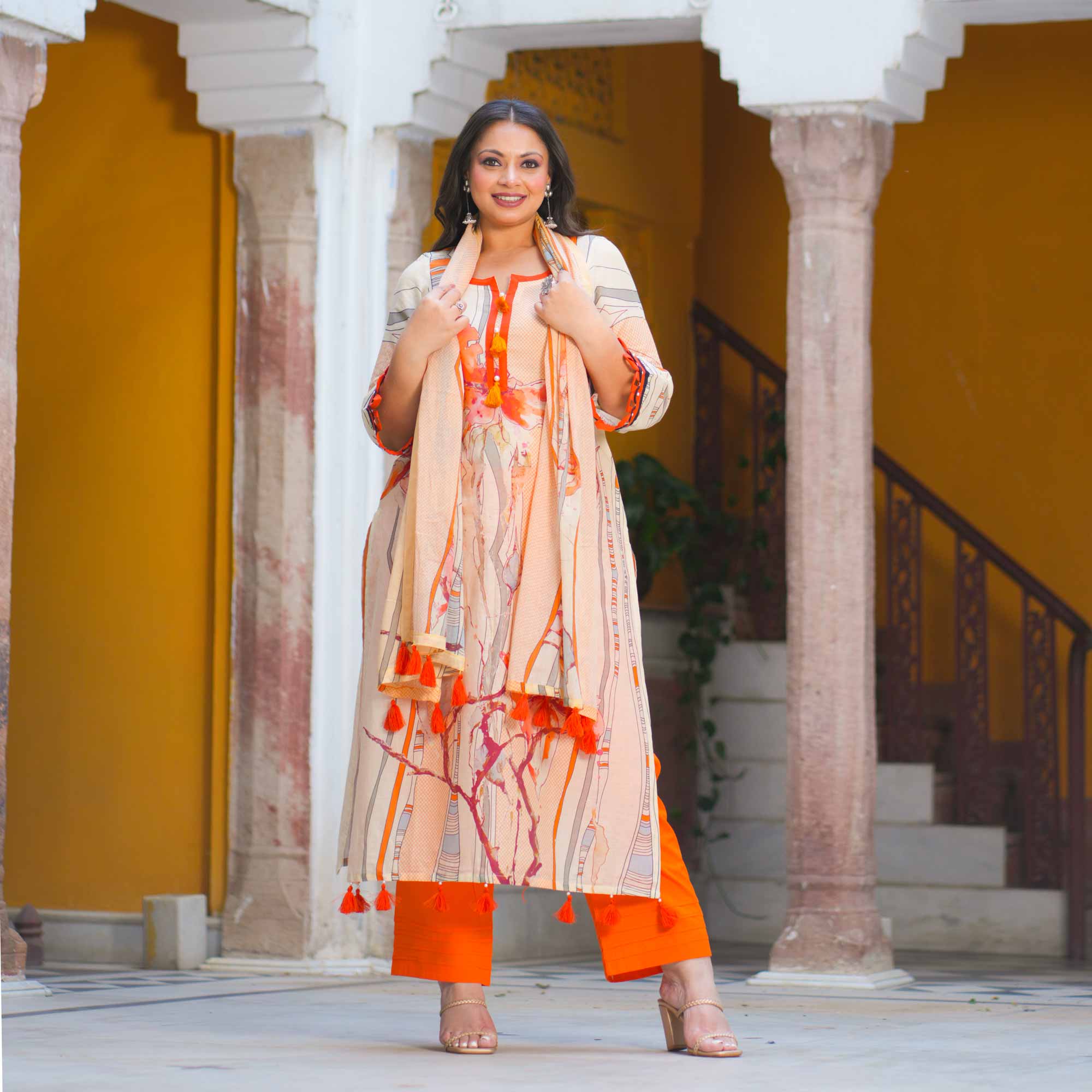 Saffron Sunset Summer Story Cotton Suit Set