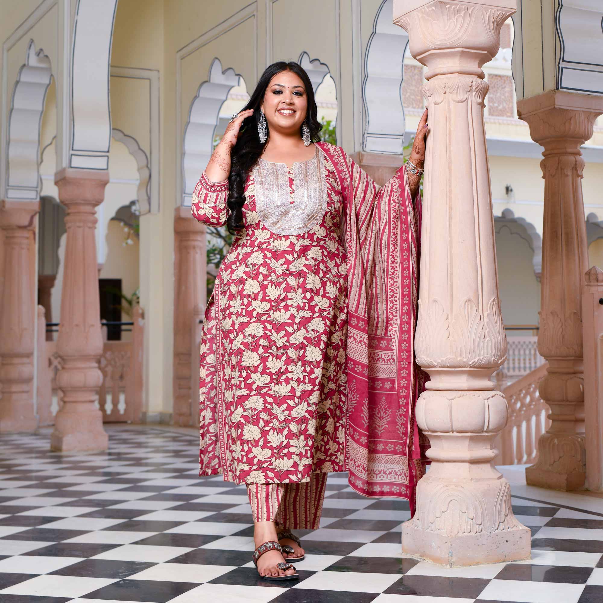 Roseate Floral Sequin Embroidered Cotton Kurta