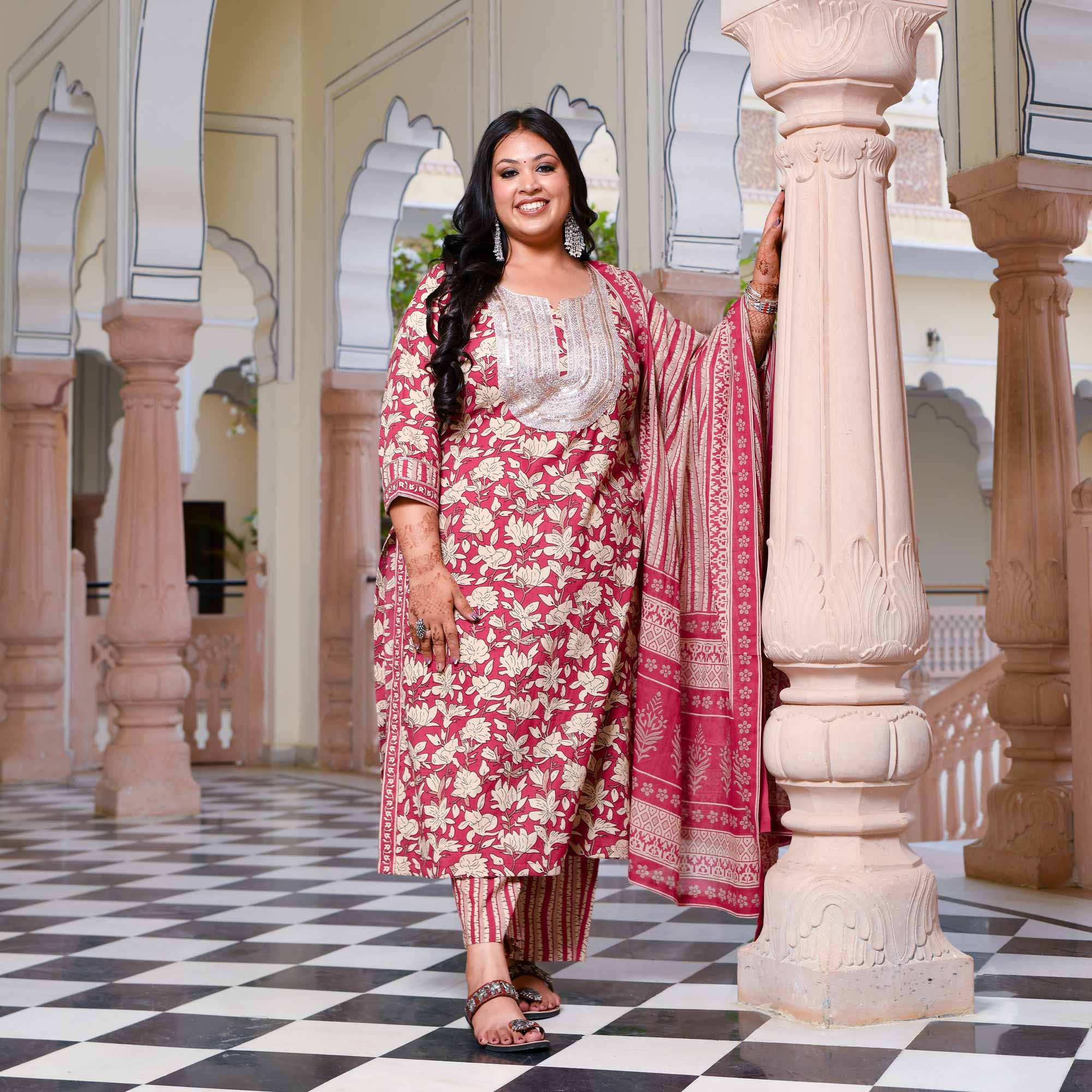 Roseate Floral Sequin Embroidered Cotton Kurta