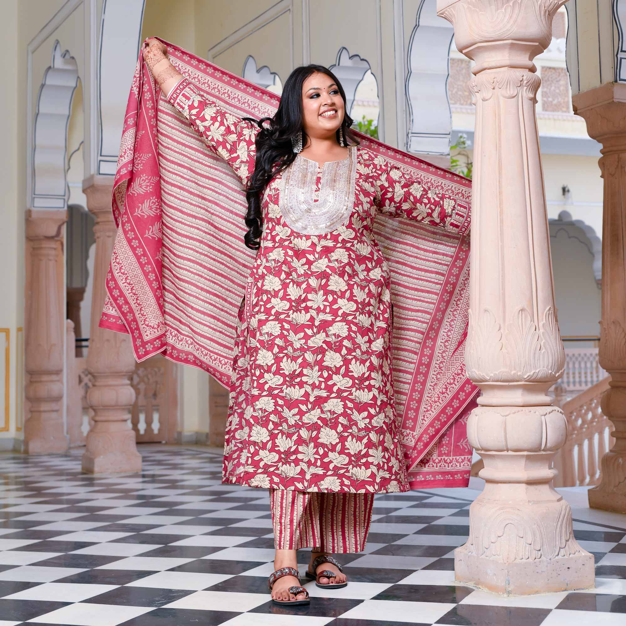 Roseate Floral Sequin Embroidered Cotton Kurta