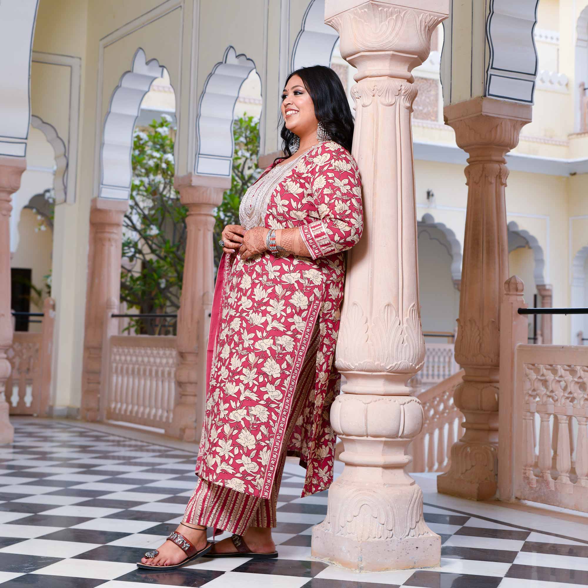 Roseate Floral Sequin Embroidered Cotton Kurta