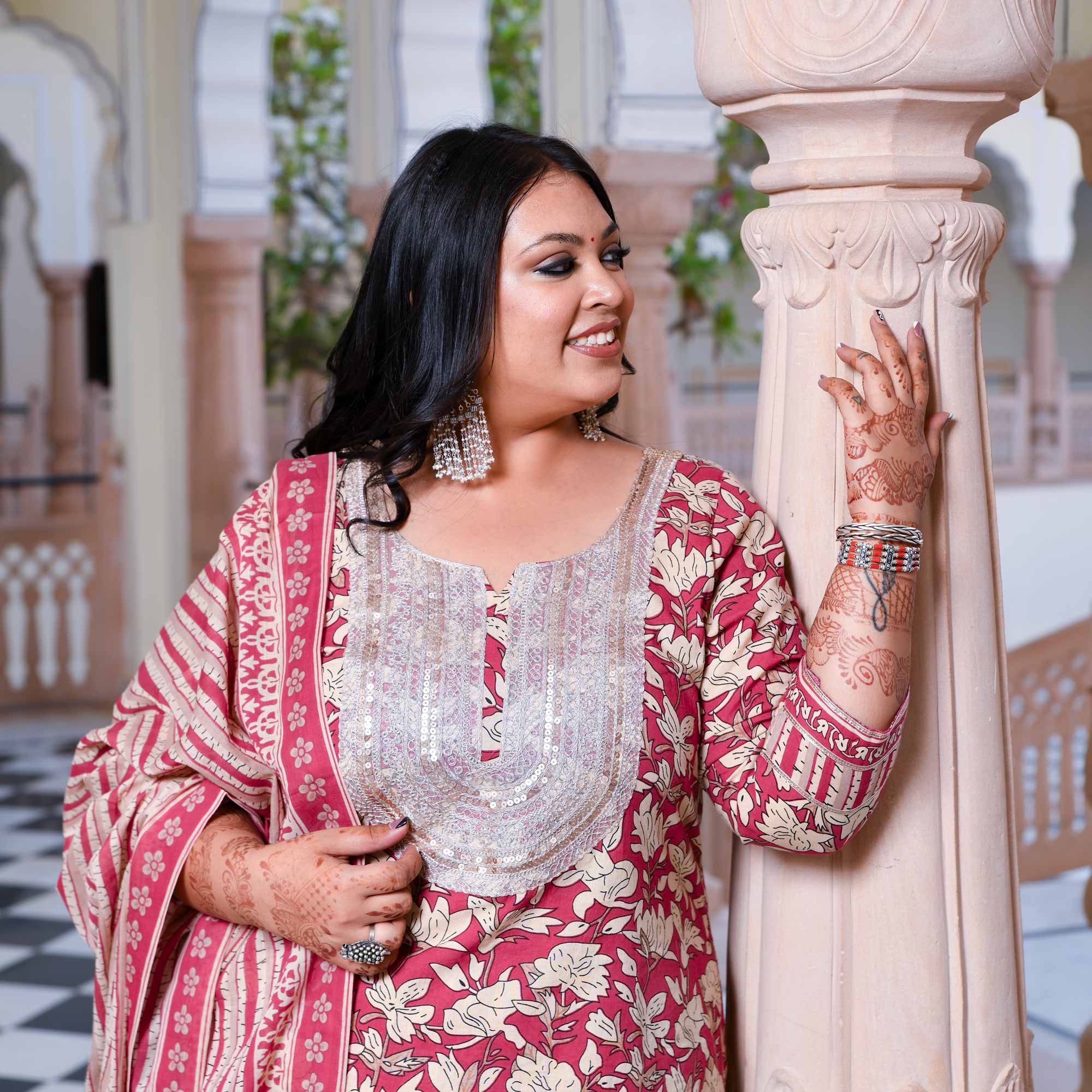 Roseate Floral Sequin Embroidered Cotton Kurta