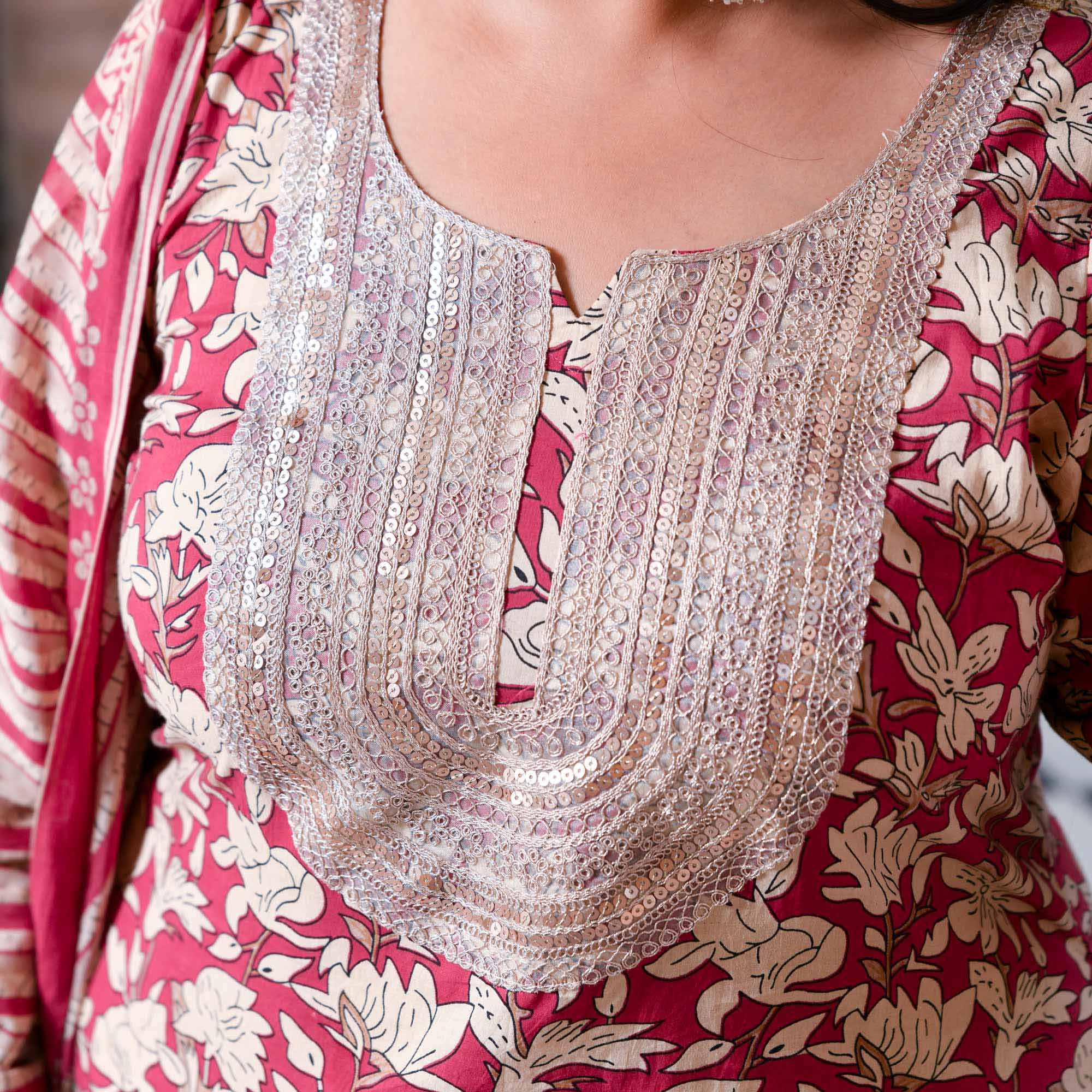 Roseate Floral Sequin Embroidered Cotton Kurta