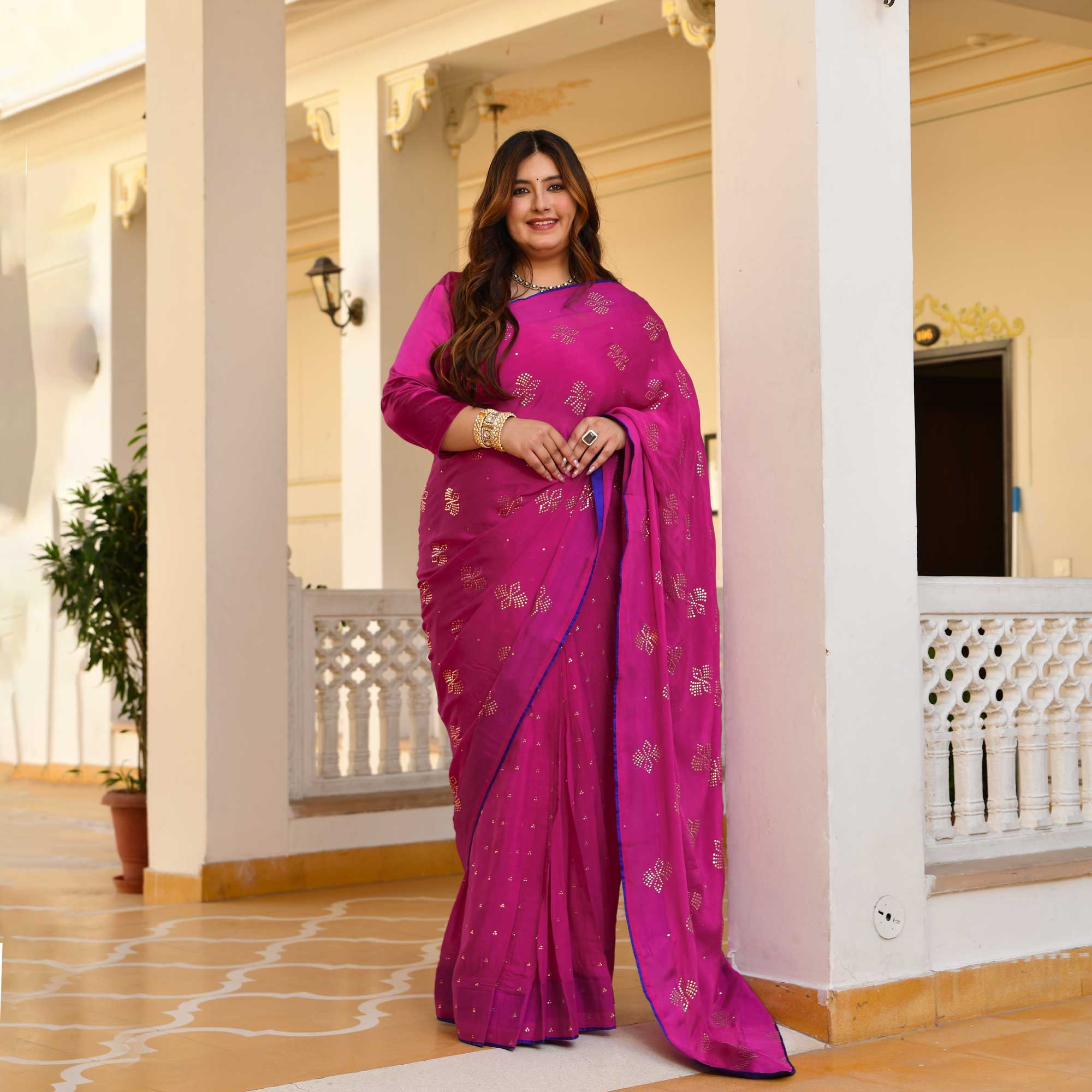 Blush Royale- Rani Pink & Gold Embroidered Pre-drape Saree Set