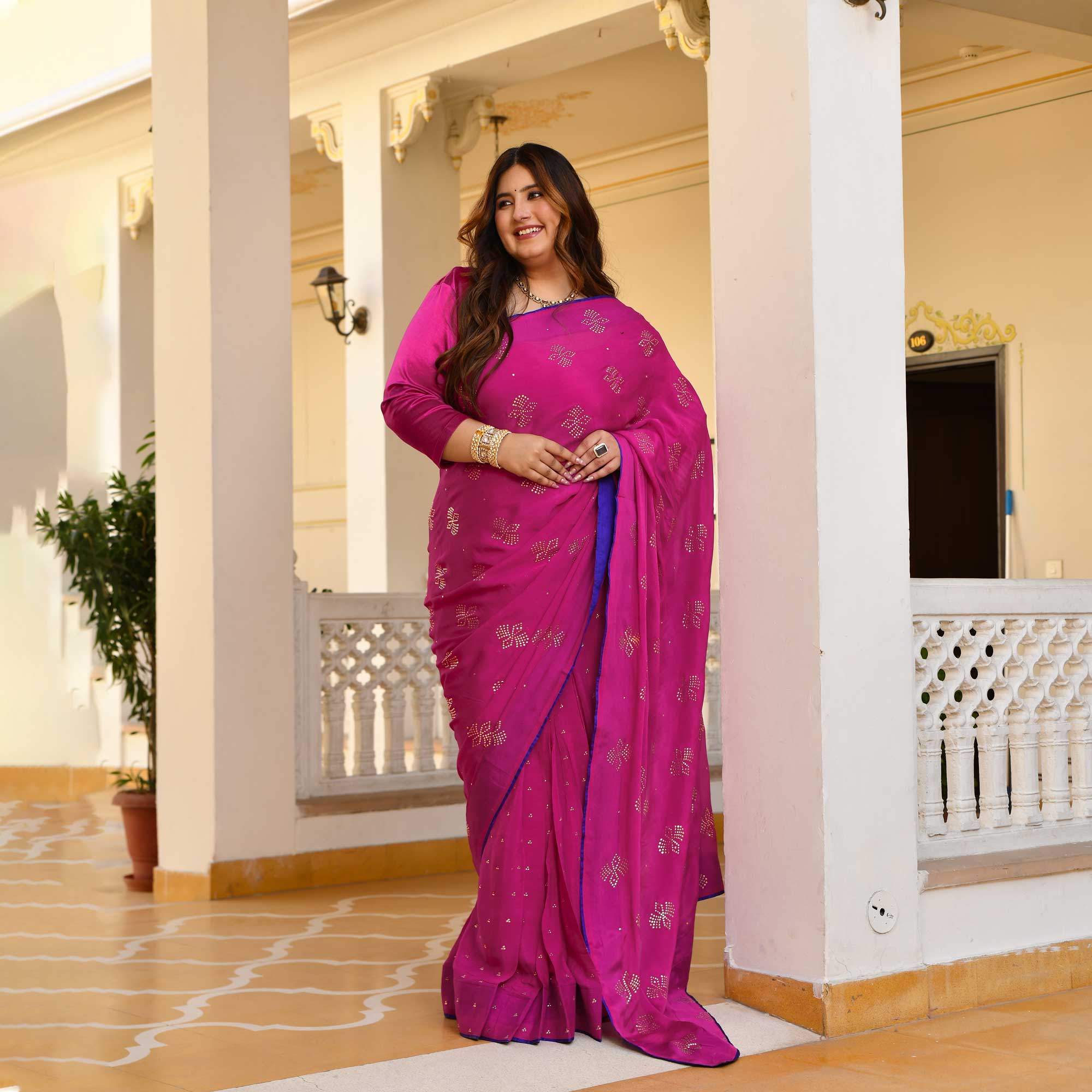 Blush Royale- Rani Pink & Gold Embroidered Pre-drape Saree Set