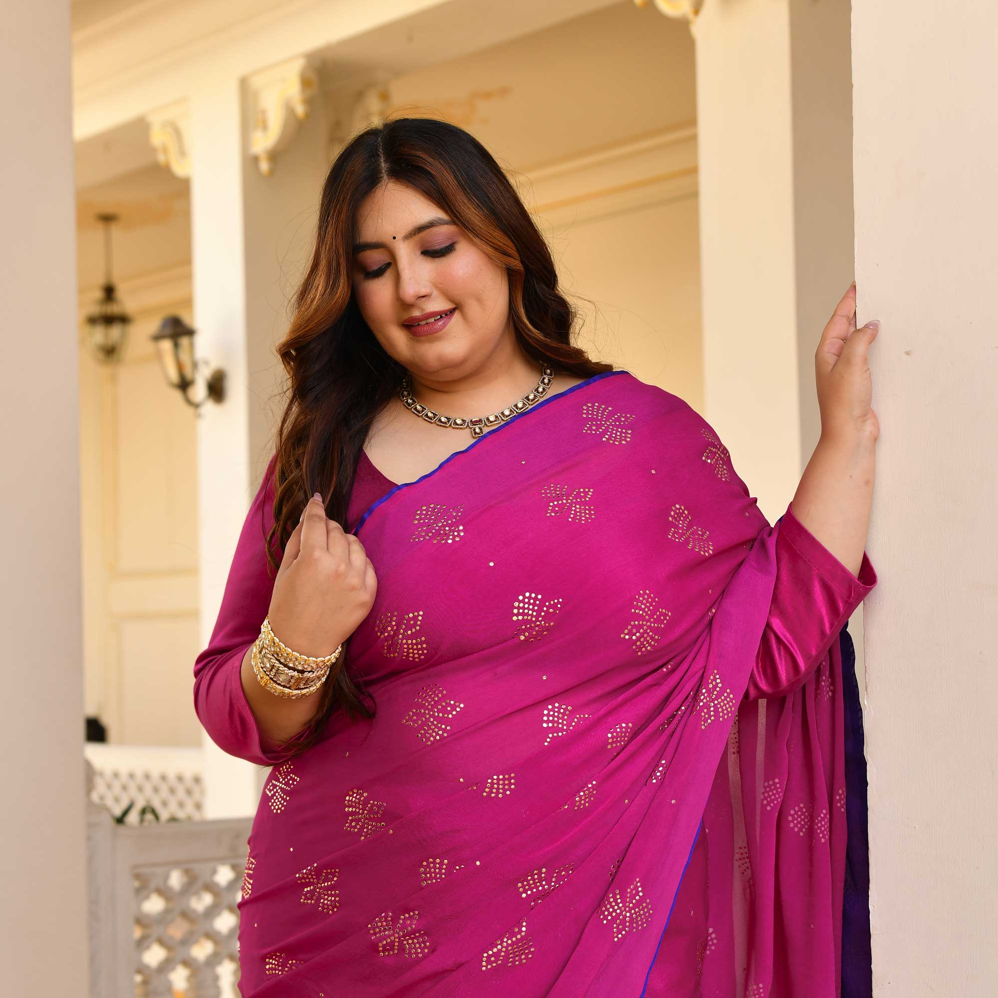 Blush Royale- Rani Pink & Gold Embroidered Pre-drape Saree Set