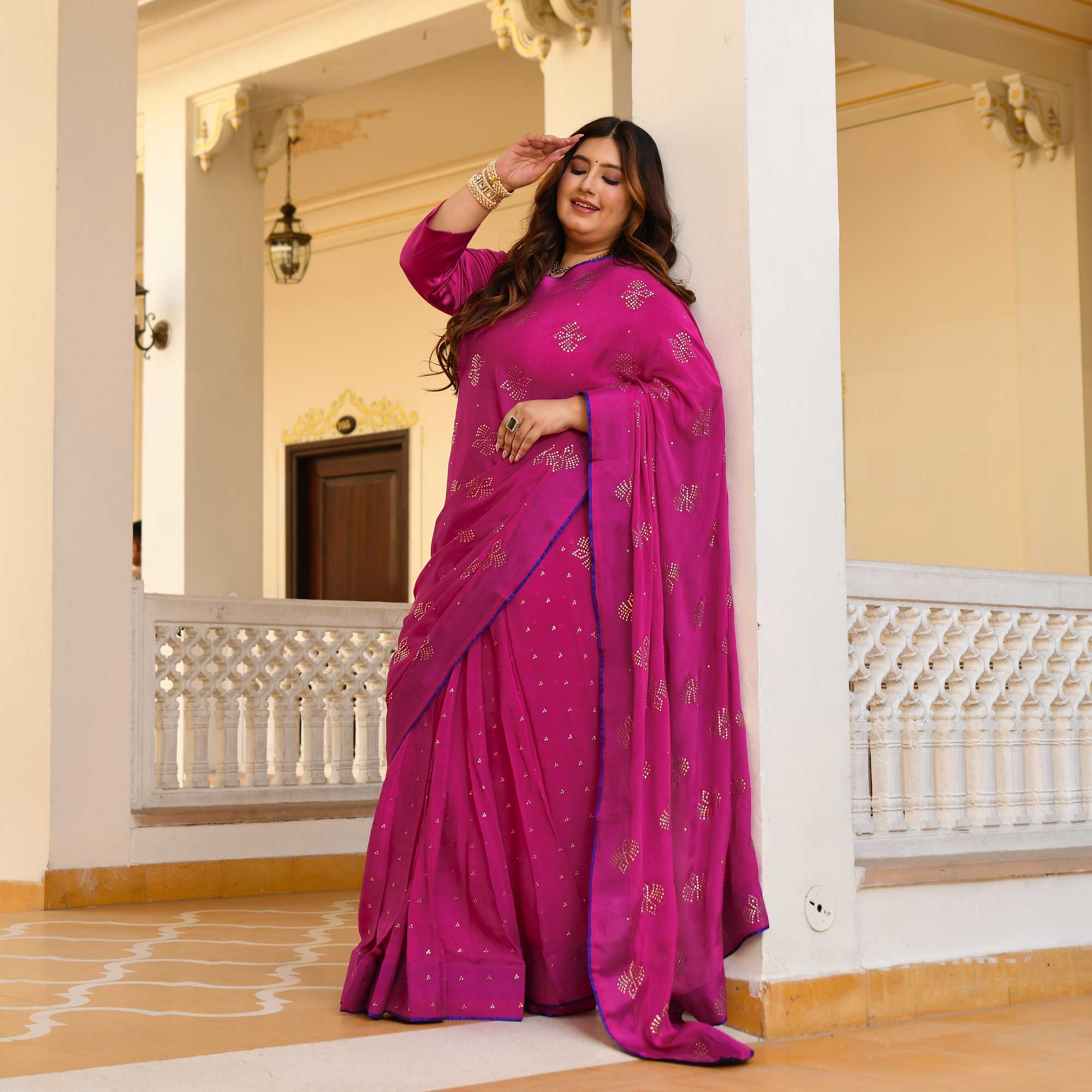 Blush Royale- Rani Pink & Gold Embroidered Pre-drape Saree Set