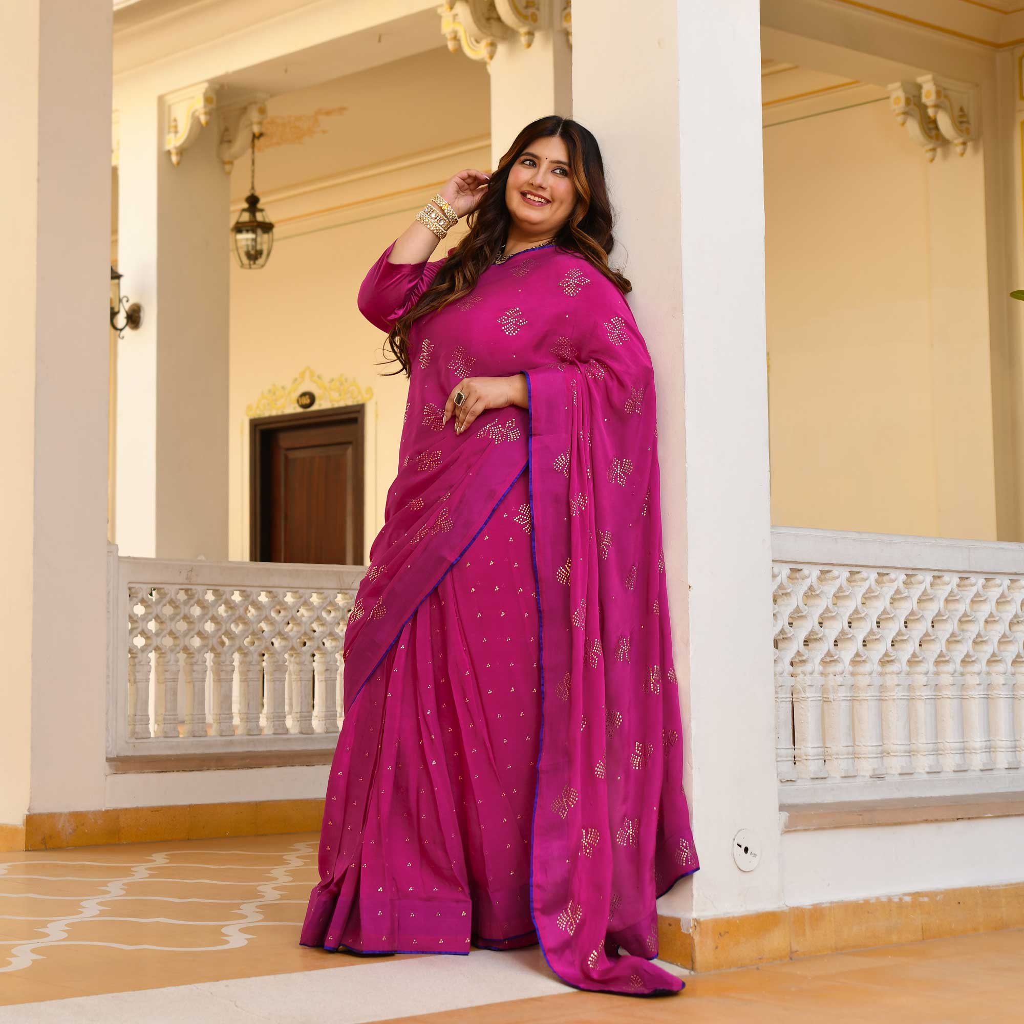 Blush Royale- Rani Pink & Gold Embroidered Pre-drape Saree Set