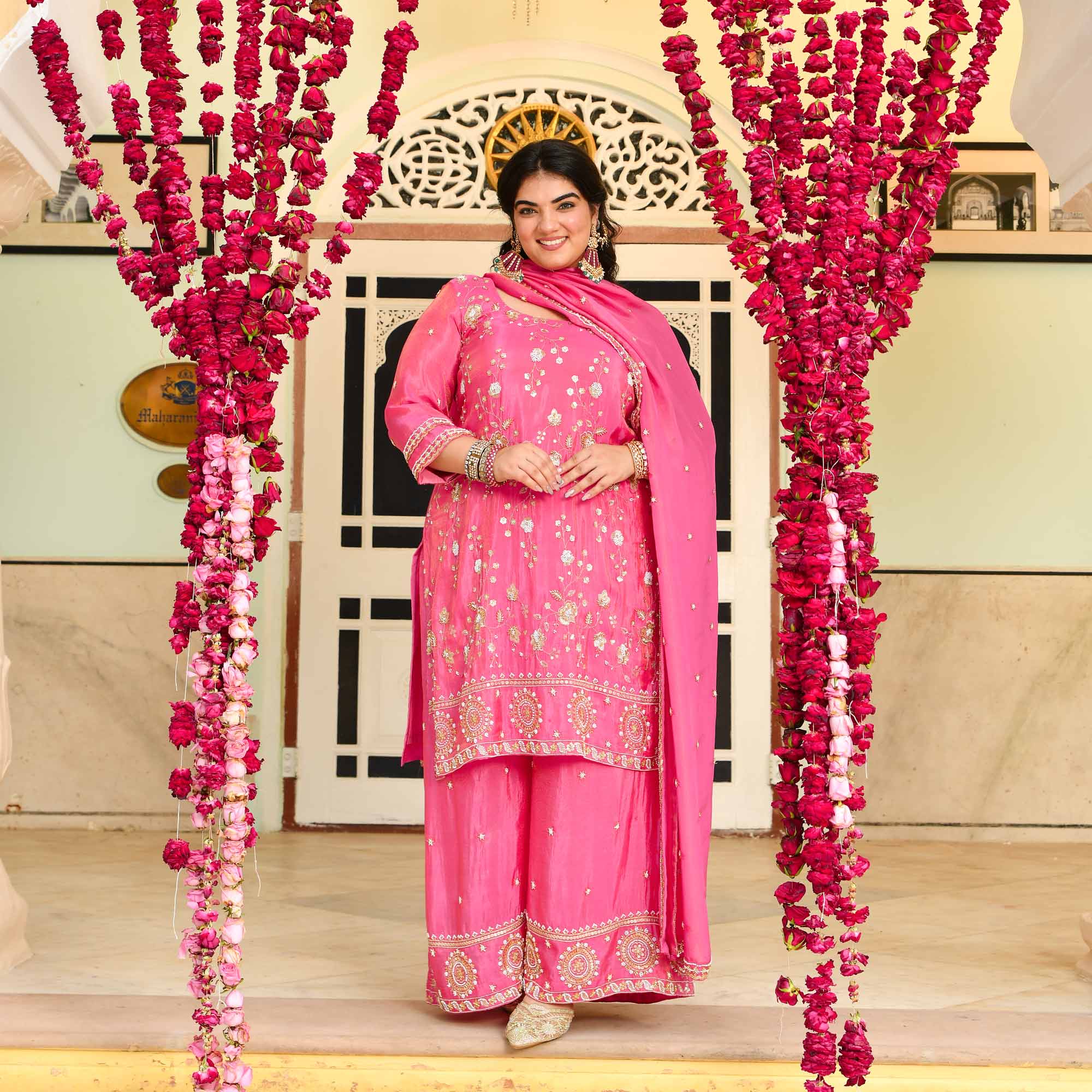 Shukran- Fuscia Pink Pure Tissue Cutdana Embroidered Suit Set
