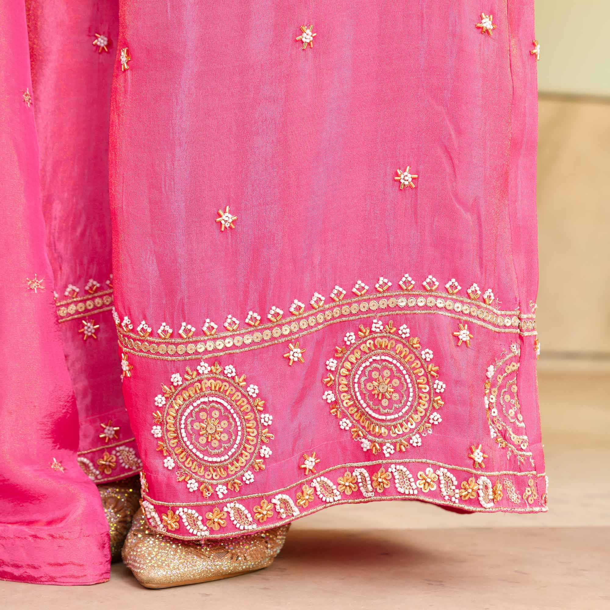 Shukran- Fuscia Pink Pure Tissue Cutdana Embroidered Suit Set