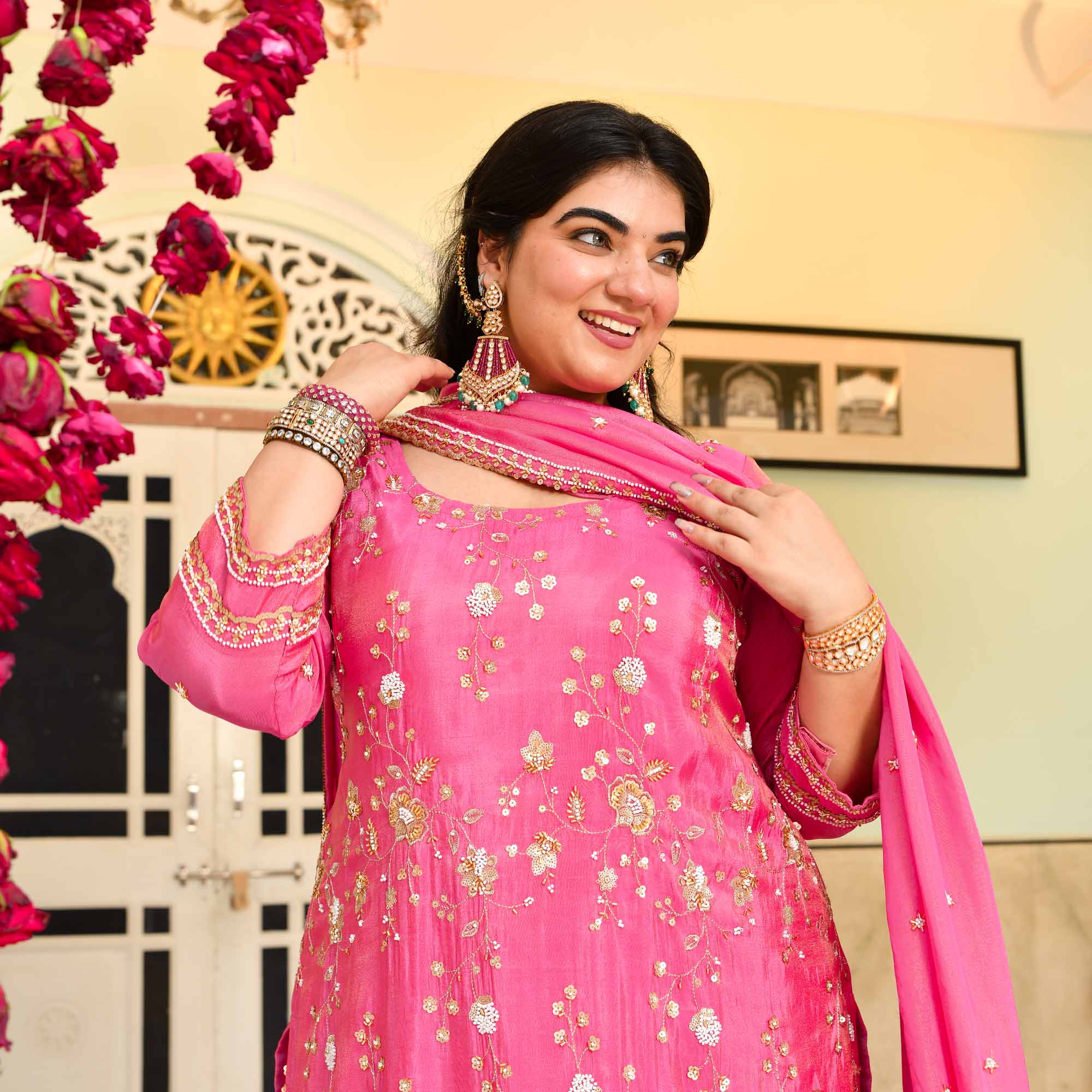 Shukran- Fuscia Pink Pure Tissue Cutdana Embroidered Suit Set