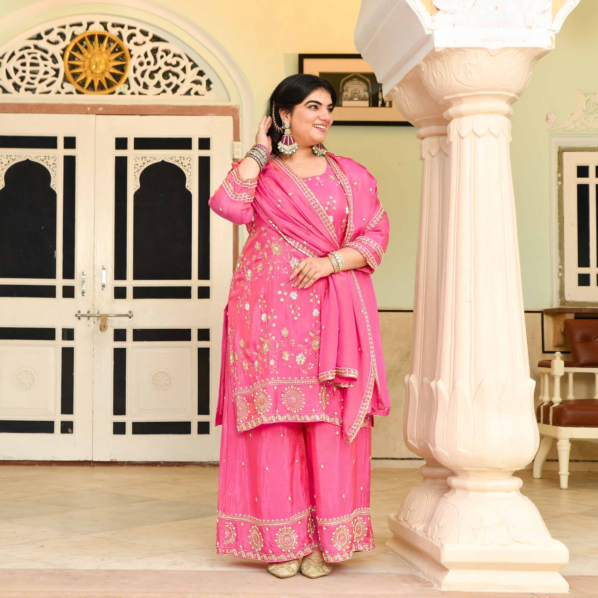 Shukran- Fuscia Pink Pure Tissue Cutdana Embroidered Suit Set