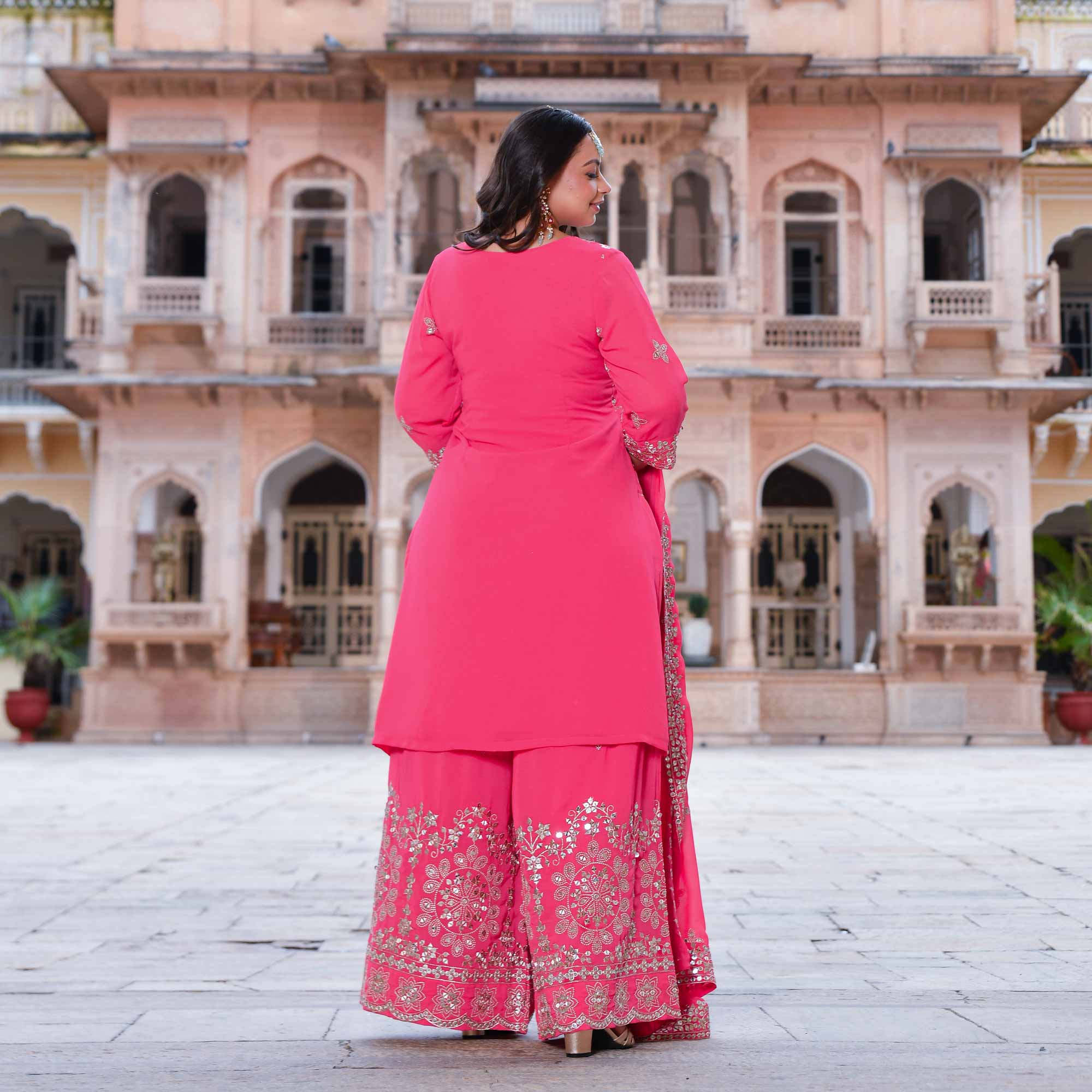 Gulmohar- Coral Pink Sequin Embroidered Suit Set