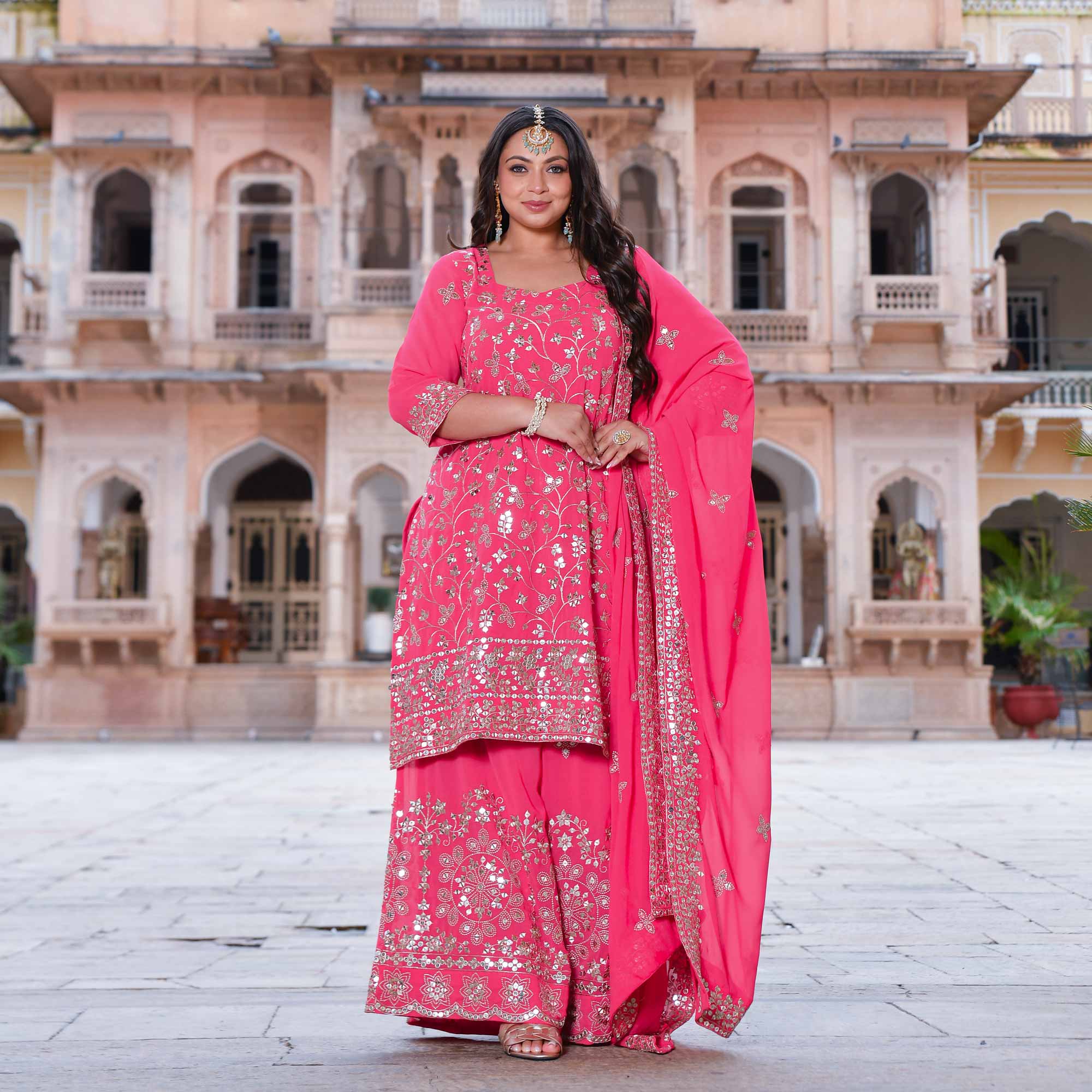 Gulmohar- Coral Pink Sequin Embroidered Suit Set