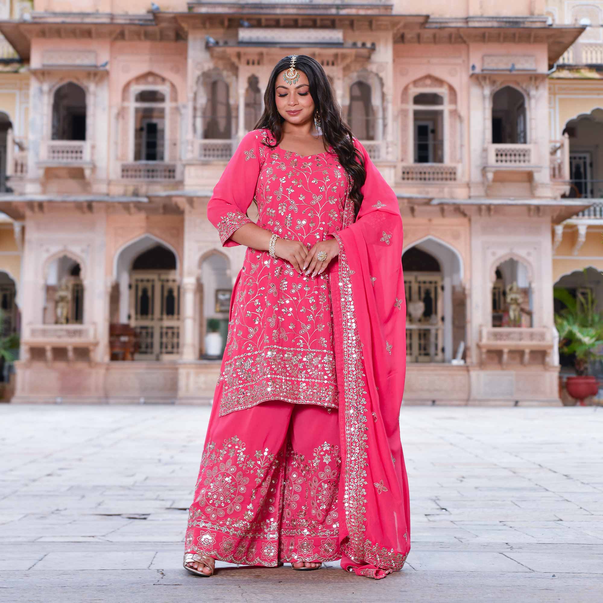 Gulmohar- Coral Pink Sequin Embroidered Suit Set