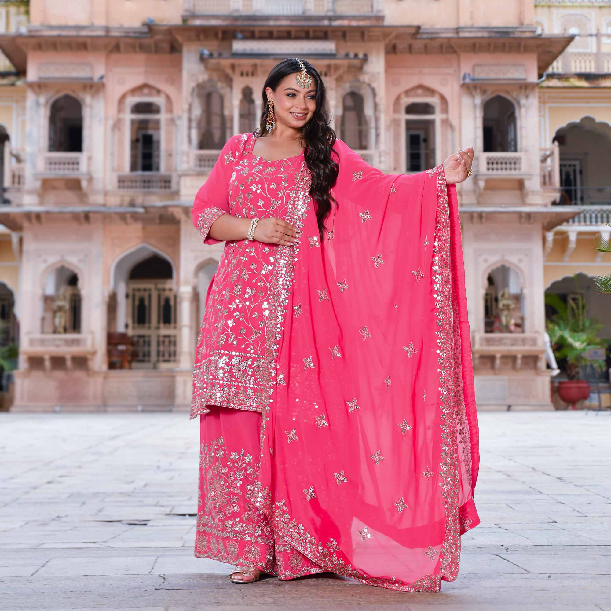Gulmohar- Coral Pink Sequin Embroidered Suit Set