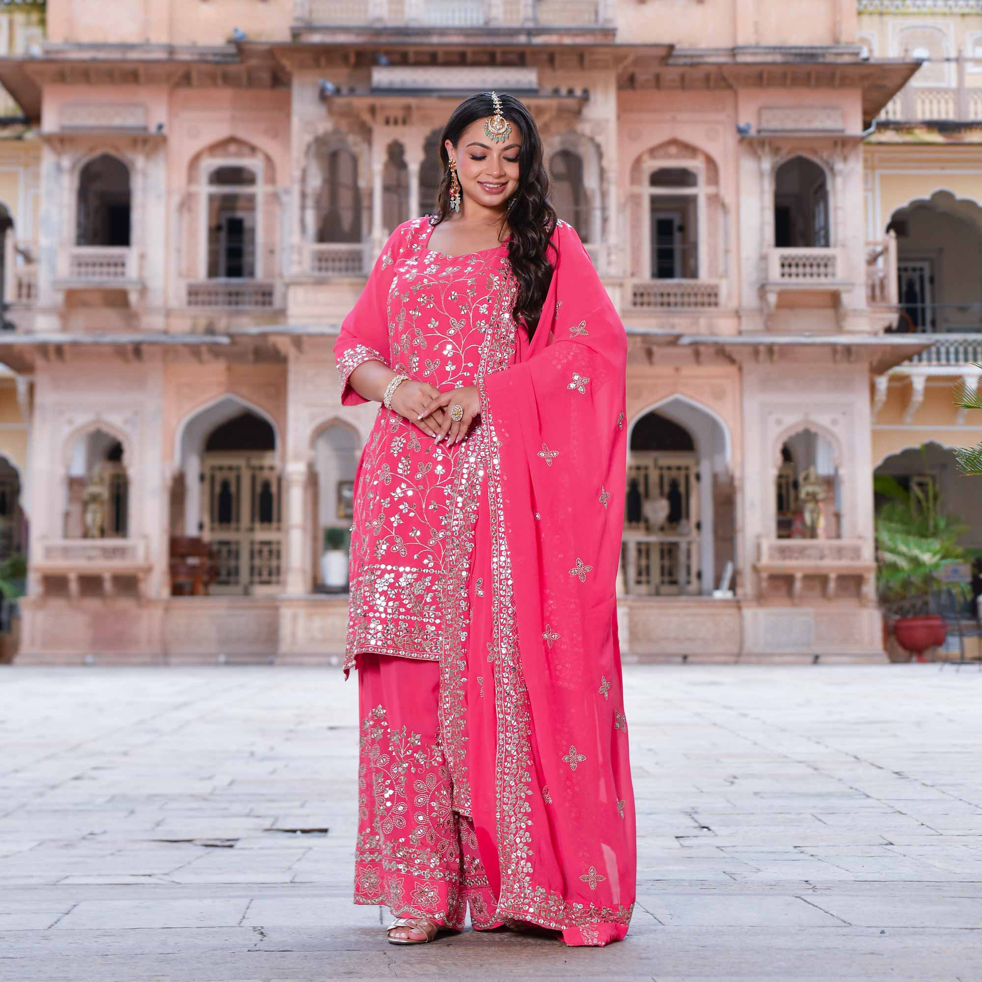 Gulmohar- Coral Pink Sequin Embroidered Suit Set