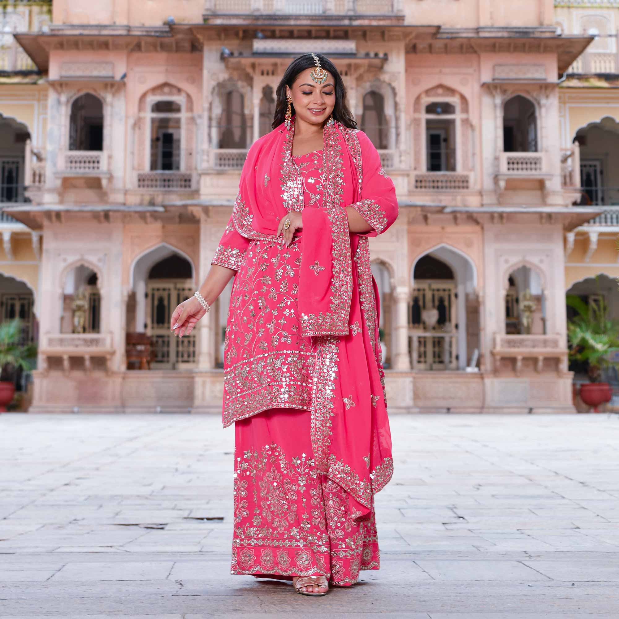 Gulmohar- Coral Pink Sequin Embroidered Suit Set