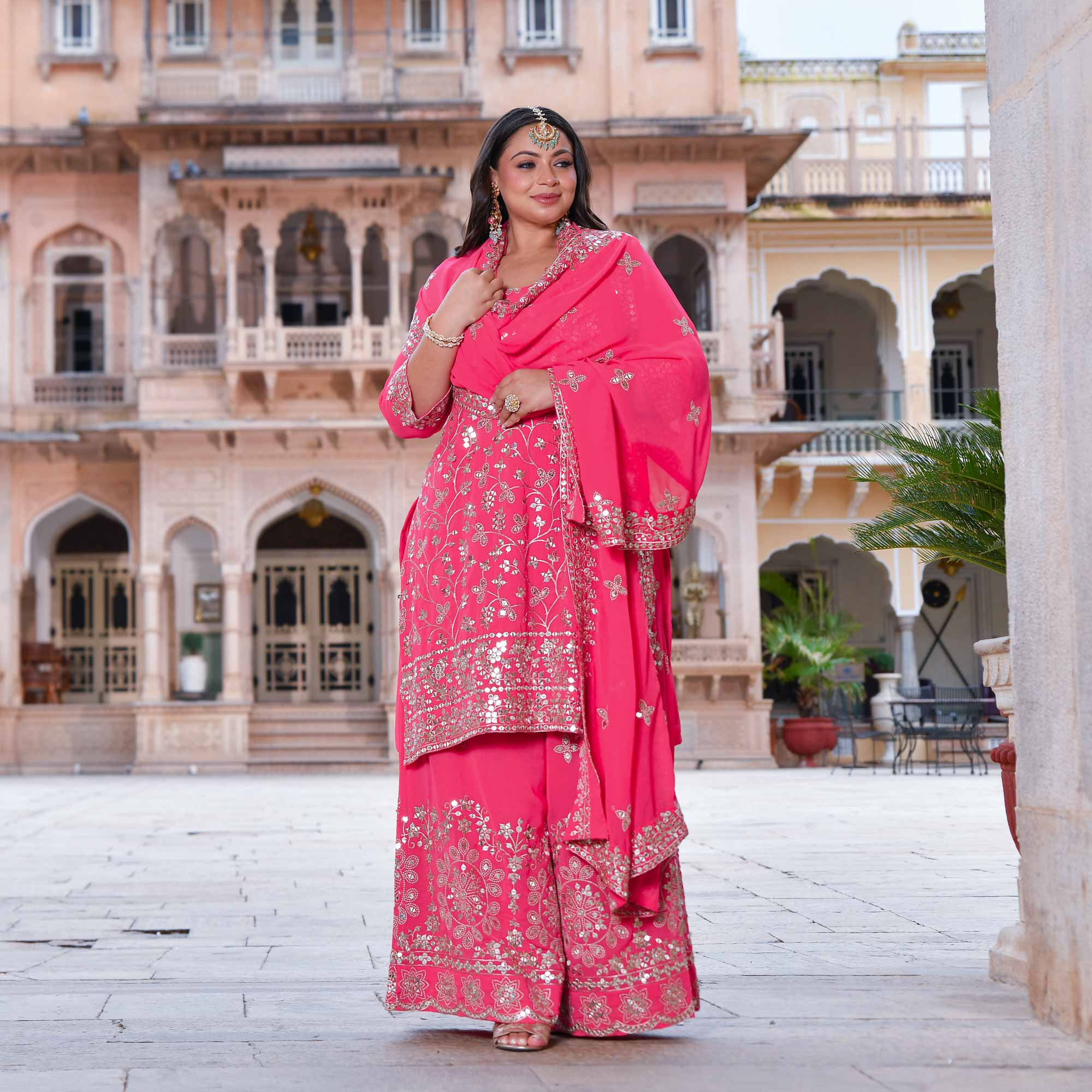Gulmohar- Coral Pink Sequin Embroidered Suit Set
