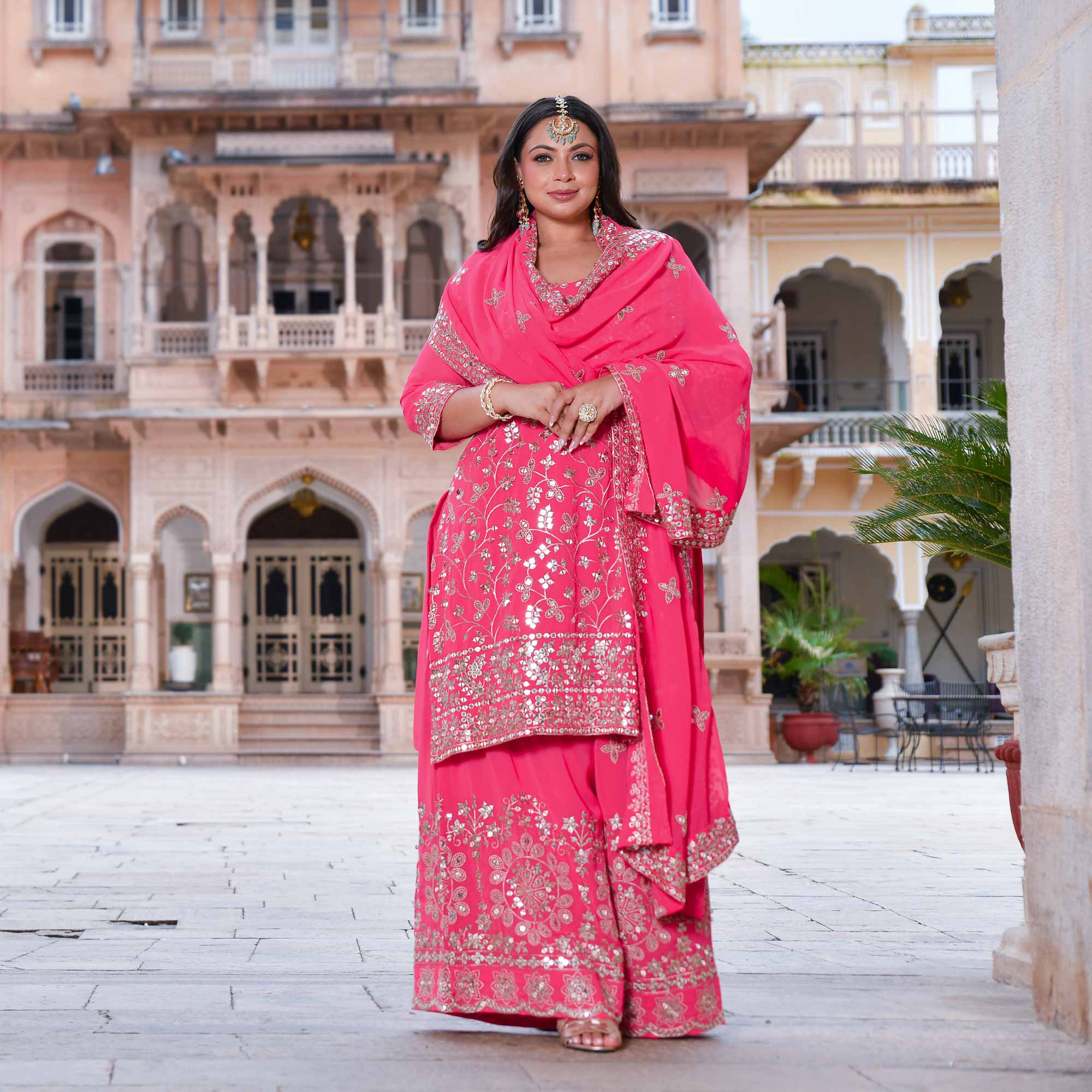 Gulmohar- Coral Pink Sequin Embroidered Suit Set
