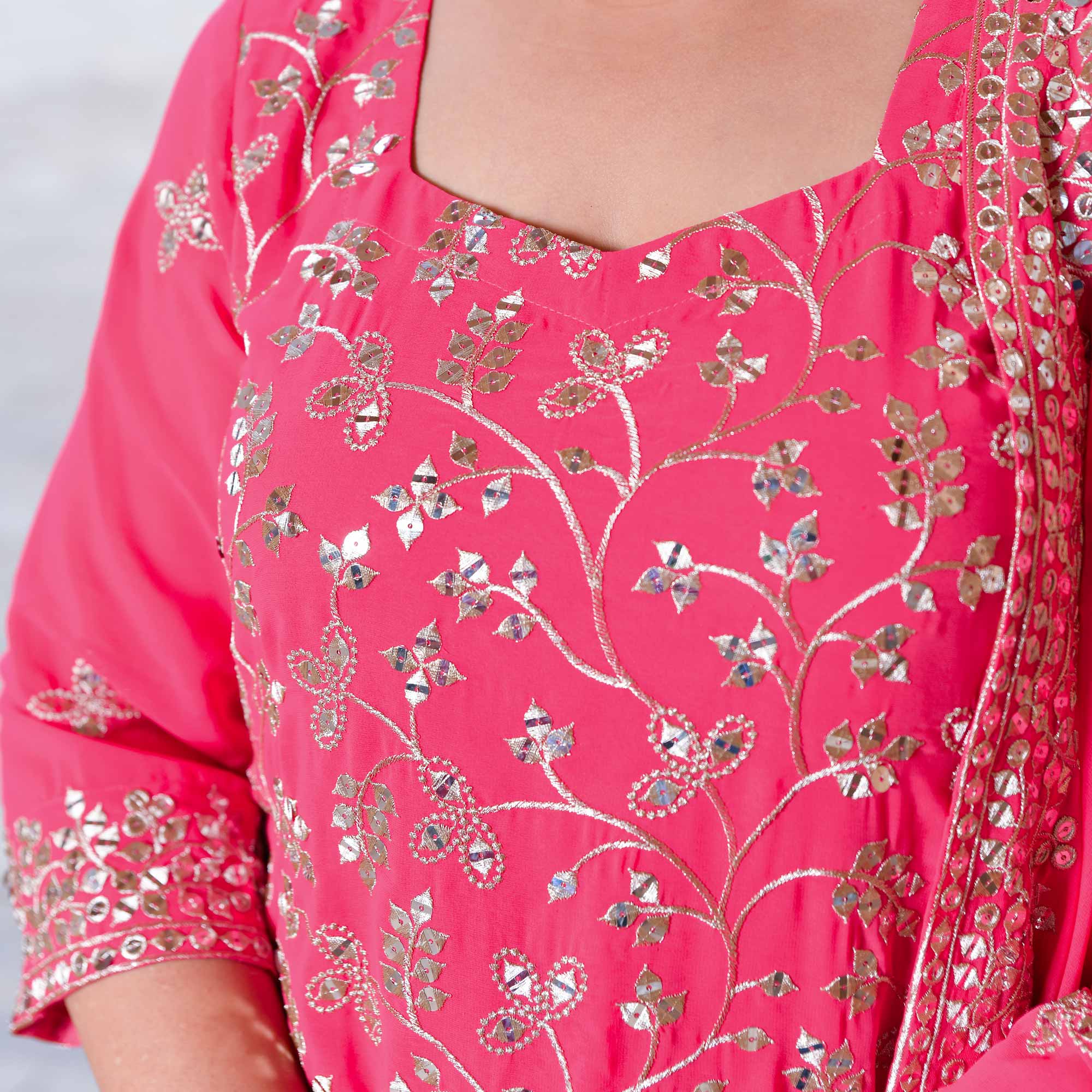 Gulmohar- Coral Pink Sequin Embroidered Suit Set